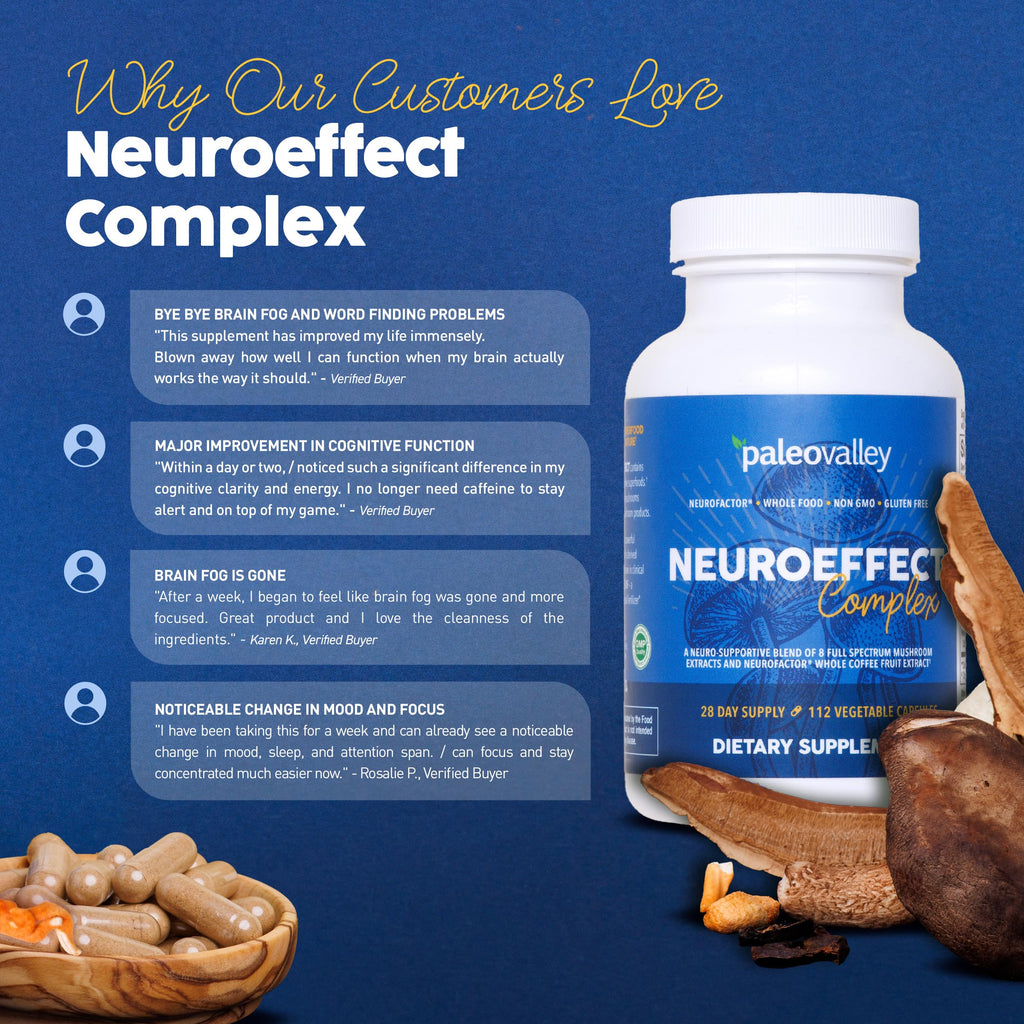 Paleovalley NeuroEffect - Neuro Mushroom Coffee Nutritional Supplement for Focus, Memory, and Energy Support - 28-Day Supply - 8 Full Spectrum Mushroom and Whole Coffee Fruit Extracts