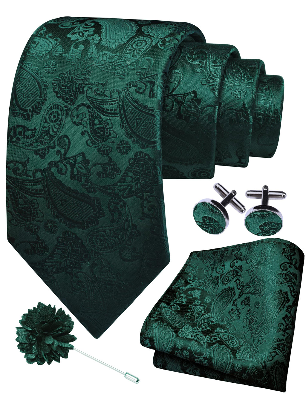 Gusleson Green Tie for Wedding Mens Silk Paisley Emerald Green Necktie Pocket Square Cufflinks and Lapel Pin Brooch Set (UK6105-37)