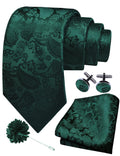 Gusleson Green Tie for Wedding Mens Silk Paisley Emerald Green Necktie Pocket Square Cufflinks and Lapel Pin Brooch Set (UK6105-37)