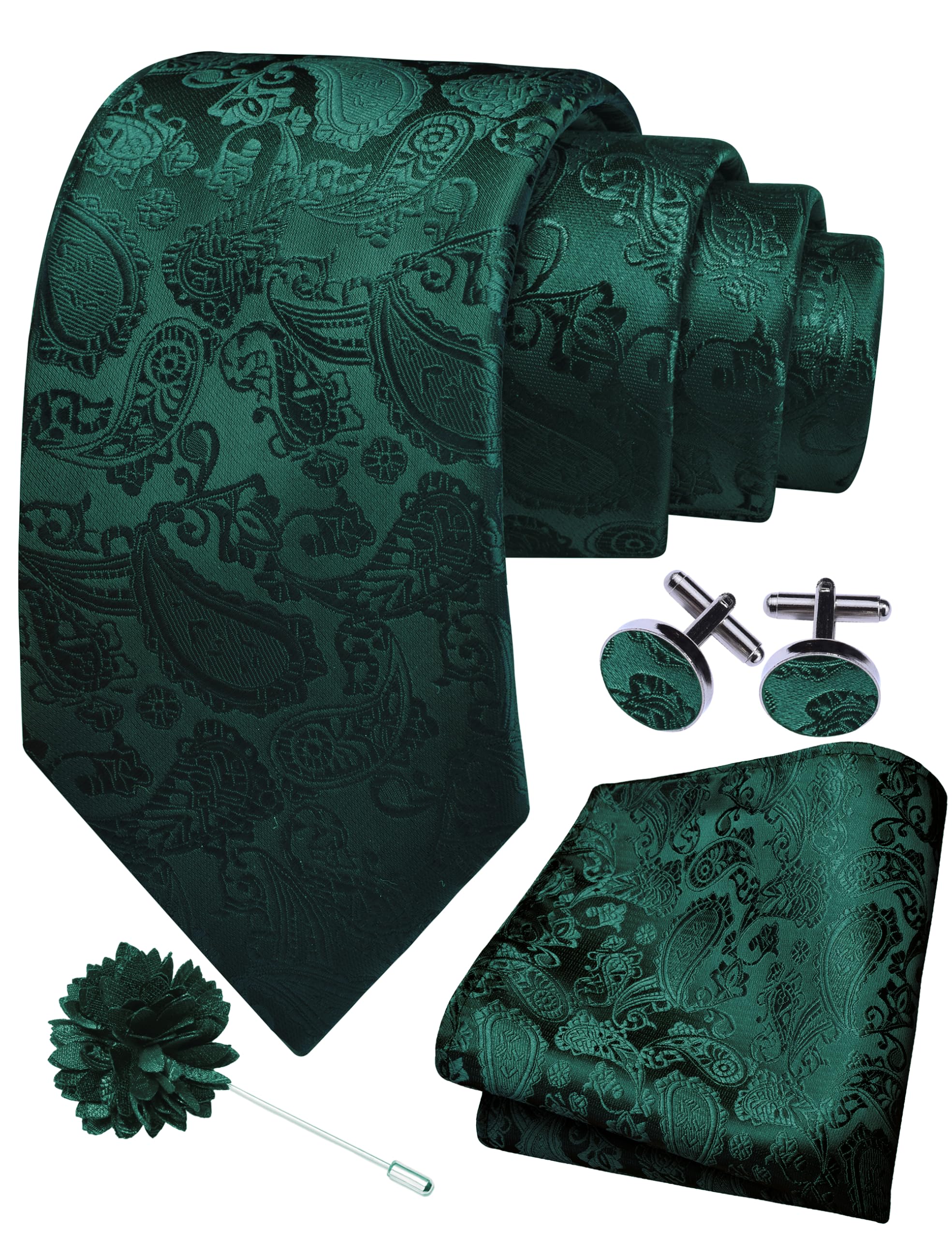 Gusleson Green Tie for Wedding Mens Silk Paisley Emerald Green Necktie Pocket Square Cufflinks and Lapel Pin Brooch Set (UK6105-37)