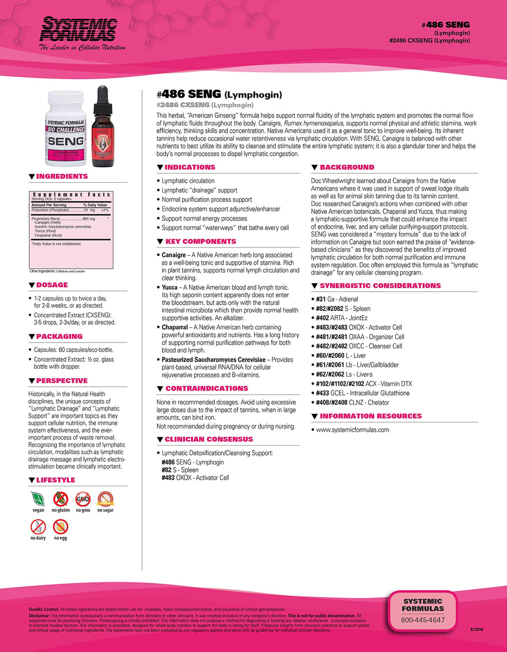 Systemic Formulas SENG Lymphogin - Healthy Lymphatic Support and glandular Toner, 60 Capsules, Bio Challenge #486. Lymphatic Circulation.