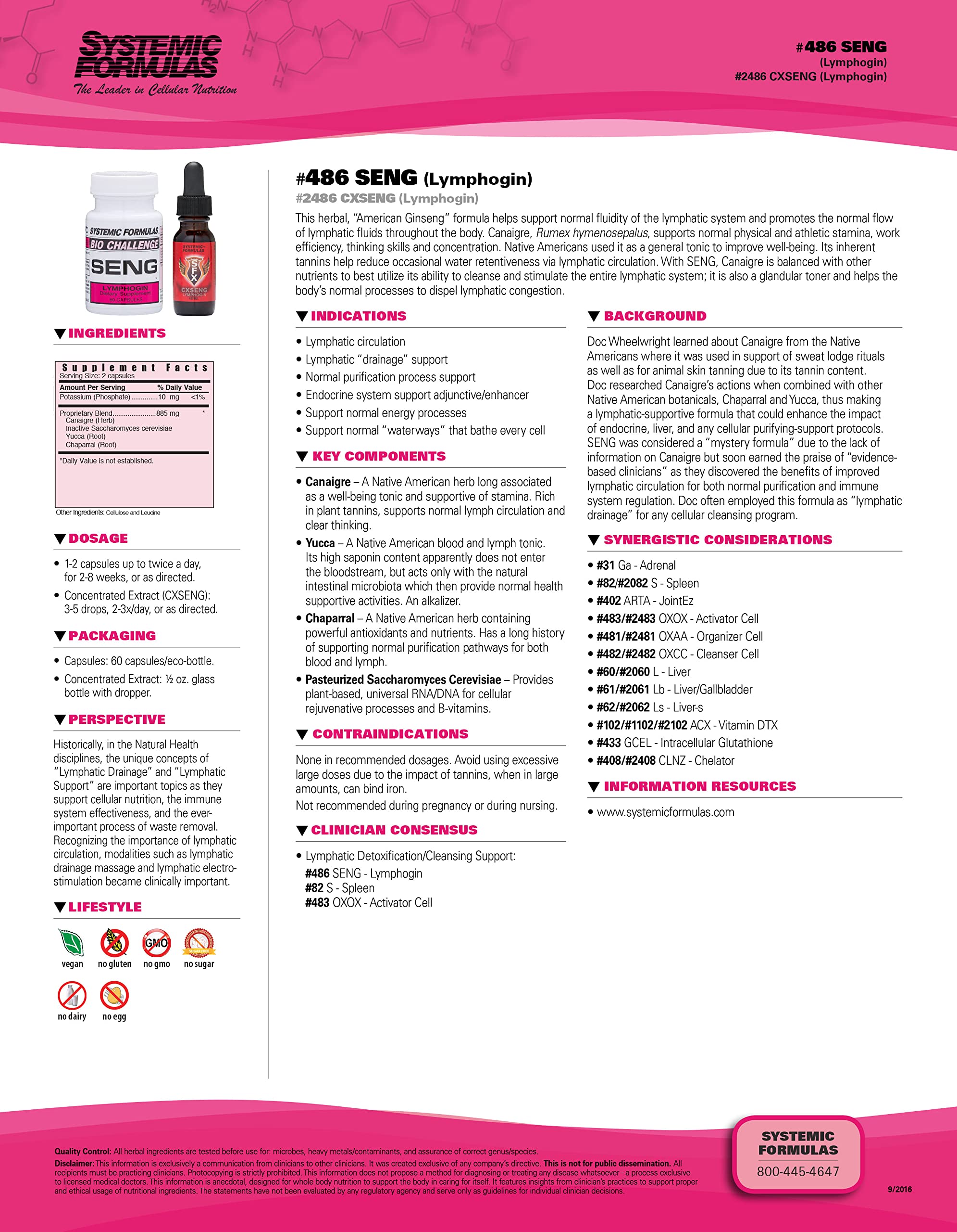Systemic Formulas SENG Lymphogin - Healthy Lymphatic Support and glandular Toner, 60 Capsules, Bio Challenge #486. Lymphatic Circulation.