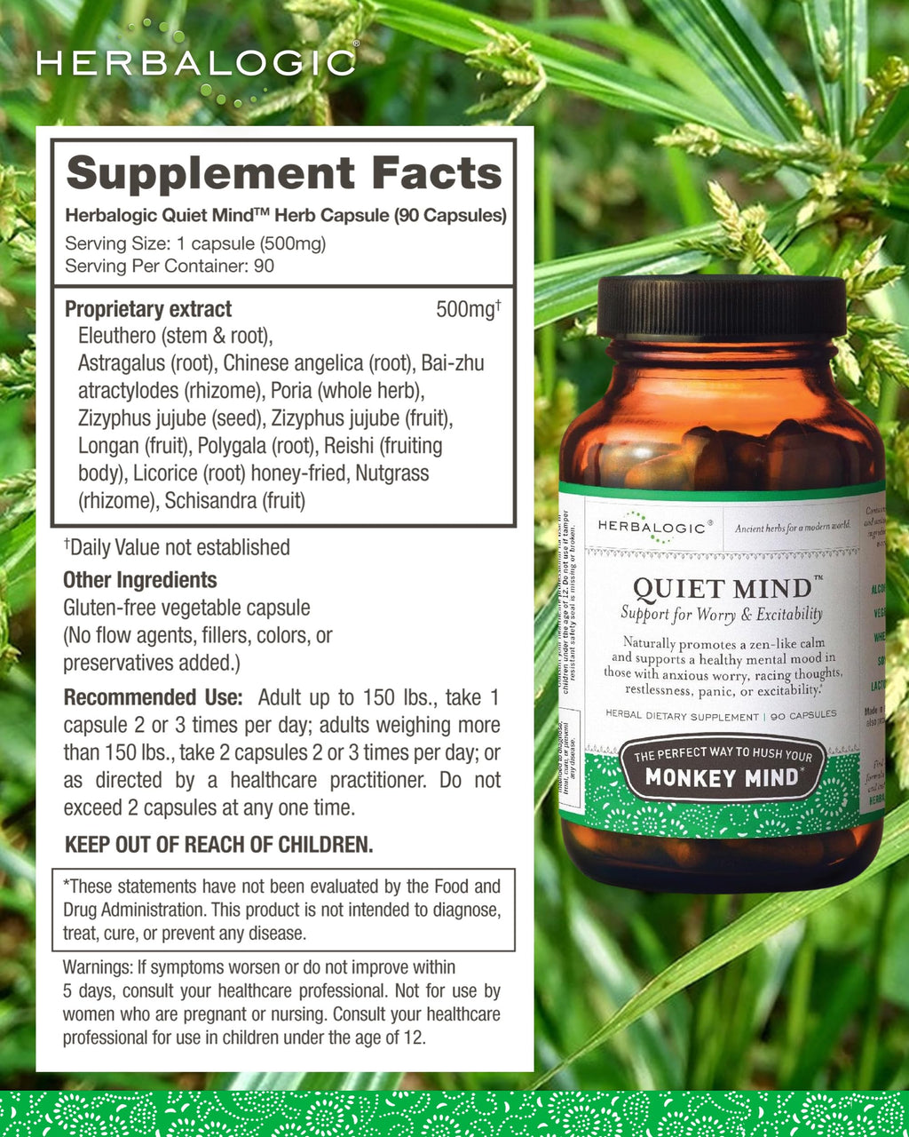Herbalogic - Quiet Mind Herb Capsules - Non-Sedating, Promotes a Feeling of Zen-Like Calm - Eases Worry - Based on the Traditional Chinese Formula GUI Pi Tang - 90 Cap Count