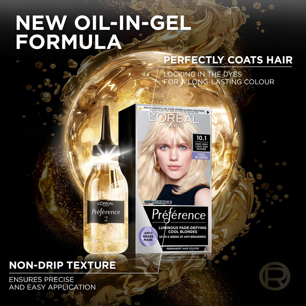 L'Oreal Paris Permanent Hair Dye, Preference 10.1 Very Very Light Ash Blonde, 100% Grey Coverage, Long Lasting, Luminous Hair Colour with Anti-Brass Purple Mask, Luminous Reflects, Pack of 1