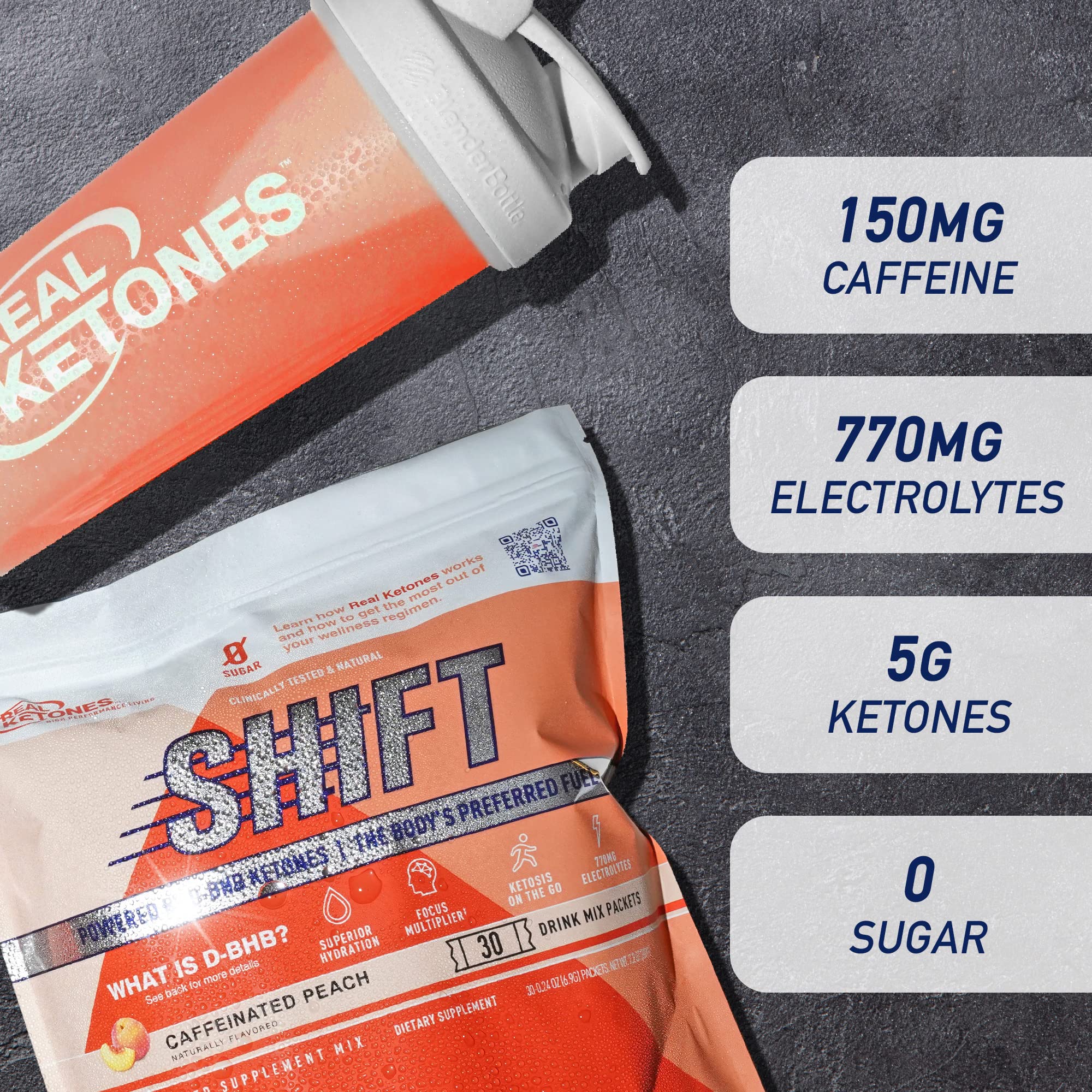 Real Ketones BHB Exogenous Ketones Drink Mix Packets Keto Electrolytes Powder Packets No Sugar with 4 Main Fasting Electrolytes Plus Hydrating Patented Keto BHB - 30 Count Peach Caffeine