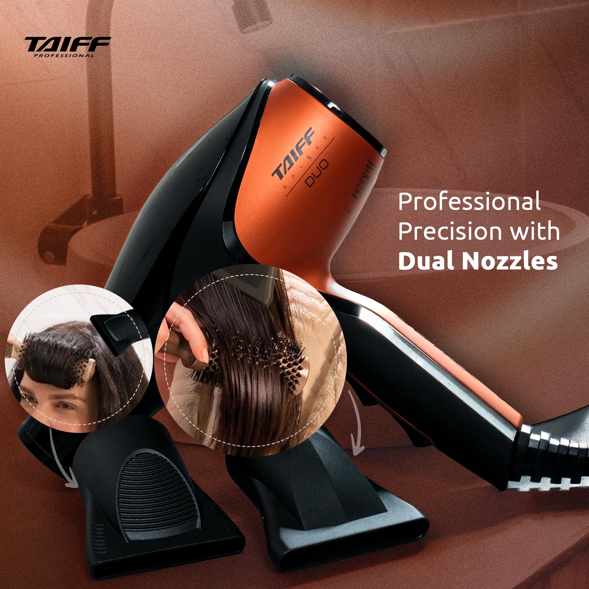 TAIFF Unique Duo Professional Hair Dryer | 127V 1875 Watt AC Motor | Ionic Tourmaline & Ceramic Titanium Technology Blow Dryer with 2 Concentrator Nozzles | Orange