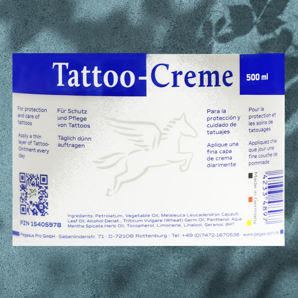 Pegasus Pro Tattoo Cream Ointment, 500 ml, Daily Care & Aftercare for Intensive Tattoo Protection, Moisturising with Cajeput Oil, with Wheat Germ Oil and Dexpanthenol, Made in Germany