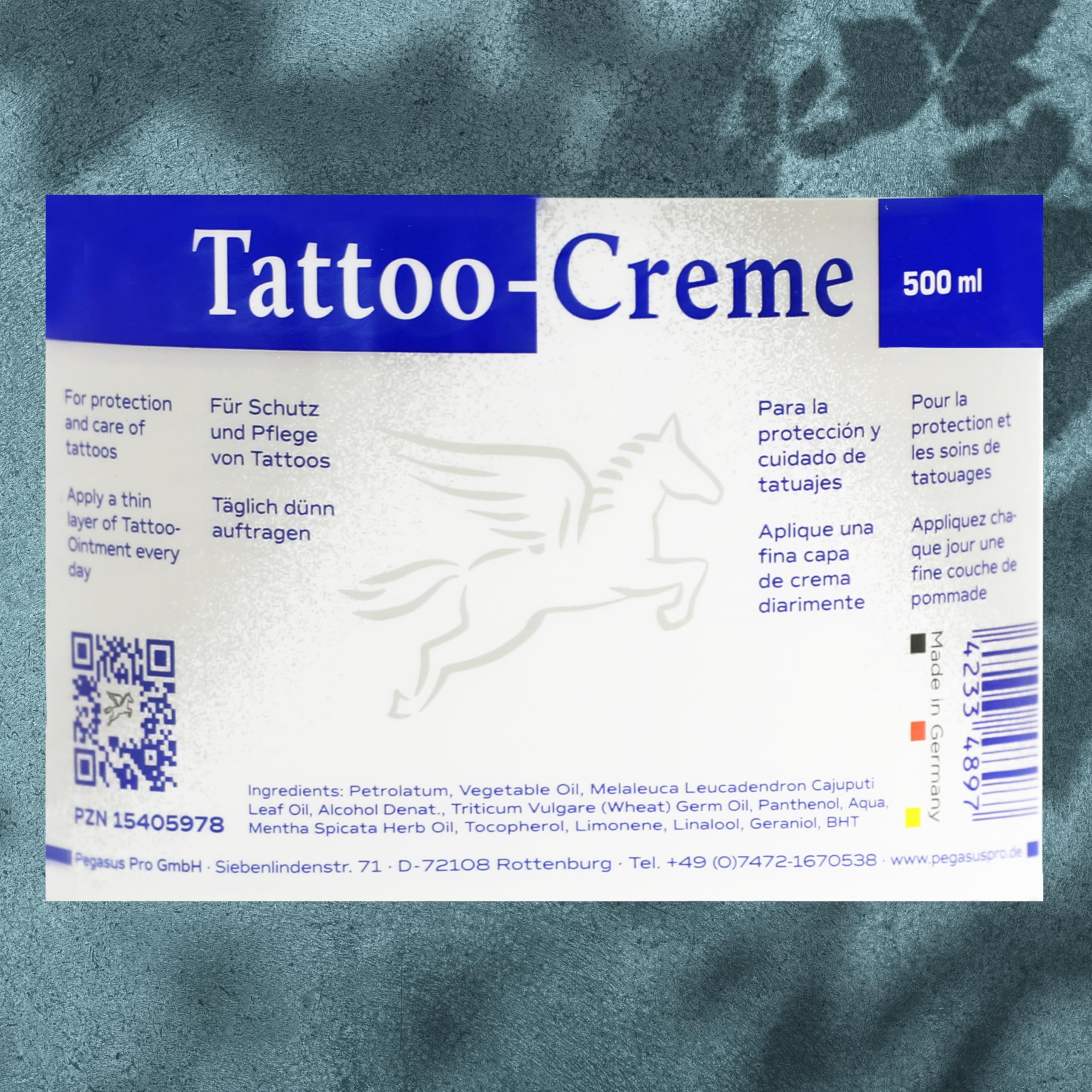 Pegasus Pro Tattoo Cream Ointment, 500 ml, Daily Care & Aftercare for Intensive Tattoo Protection, Moisturising with Cajeput Oil, with Wheat Germ Oil and Dexpanthenol, Made in Germany