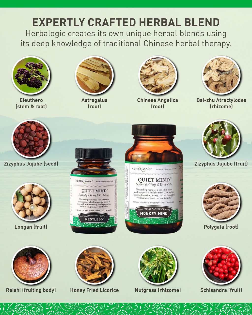 Herbalogic - Quiet Mind Herb Capsules - Non-Sedating, Promotes a Feeling of Zen-Like Calm - Eases Worry - Based on the Traditional Chinese Formula GUI Pi Tang - 90 Cap Count