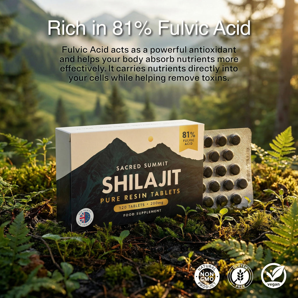 Sacred Summit Pure Altai Shilajit Tablets 200mg – Gold Grade, High Fulvic Acid, 85+ Trace Minerals, Natural Energy & Vitality Support – UK Made, Vegan, 120 Tablets