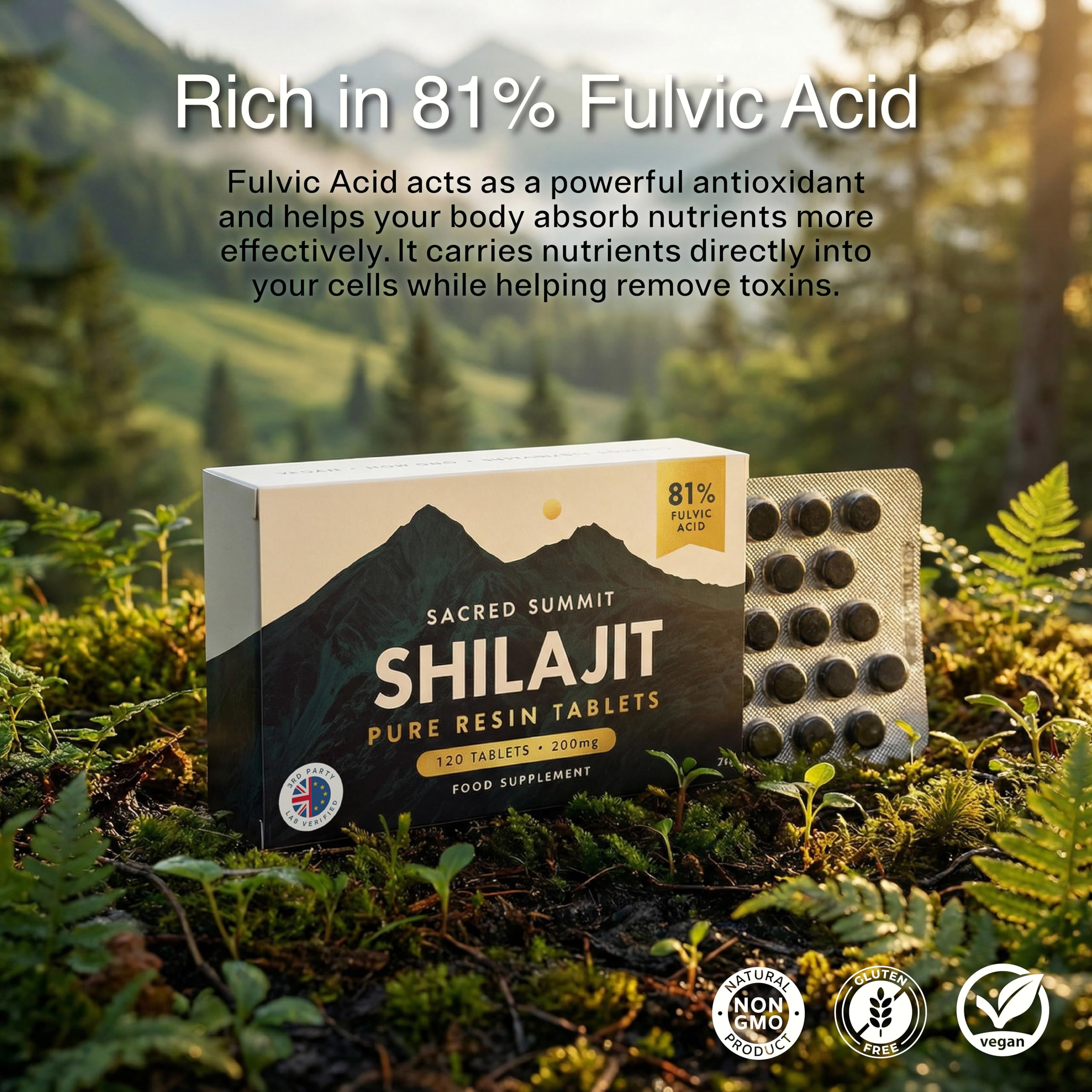 Sacred Summit Pure Altai Shilajit Tablets 200mg – Gold Grade, High Fulvic Acid, 85+ Trace Minerals, Natural Energy & Vitality Support – UK Made, Vegan, 120 Tablets