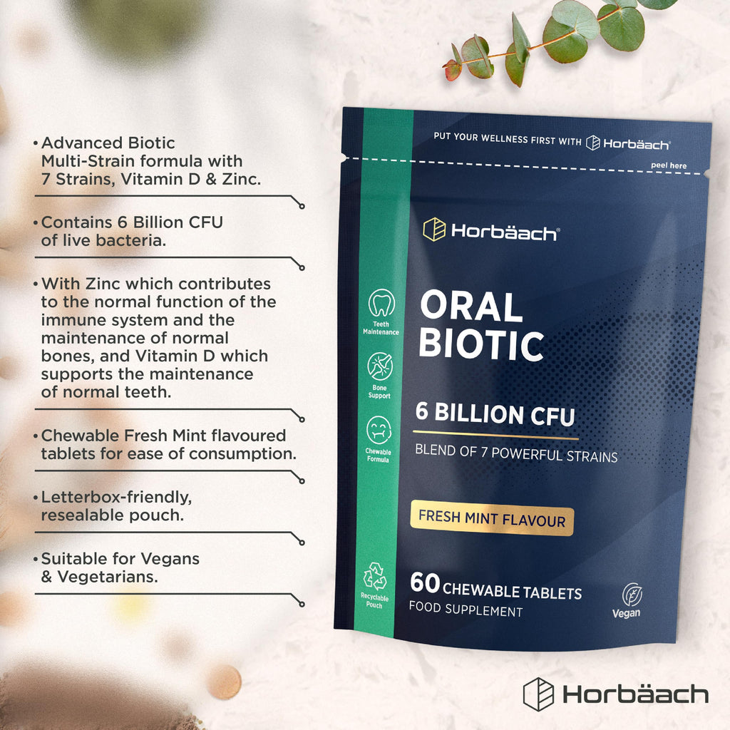 Oral Biotic for Mouth 6 Billion CFU | Advanced Dental Biotics for Adults | 7 Strains Including Lactobacillus Reuteri | 60 Vegan Chewable Tablets | Mint Flavour | by Horbaach