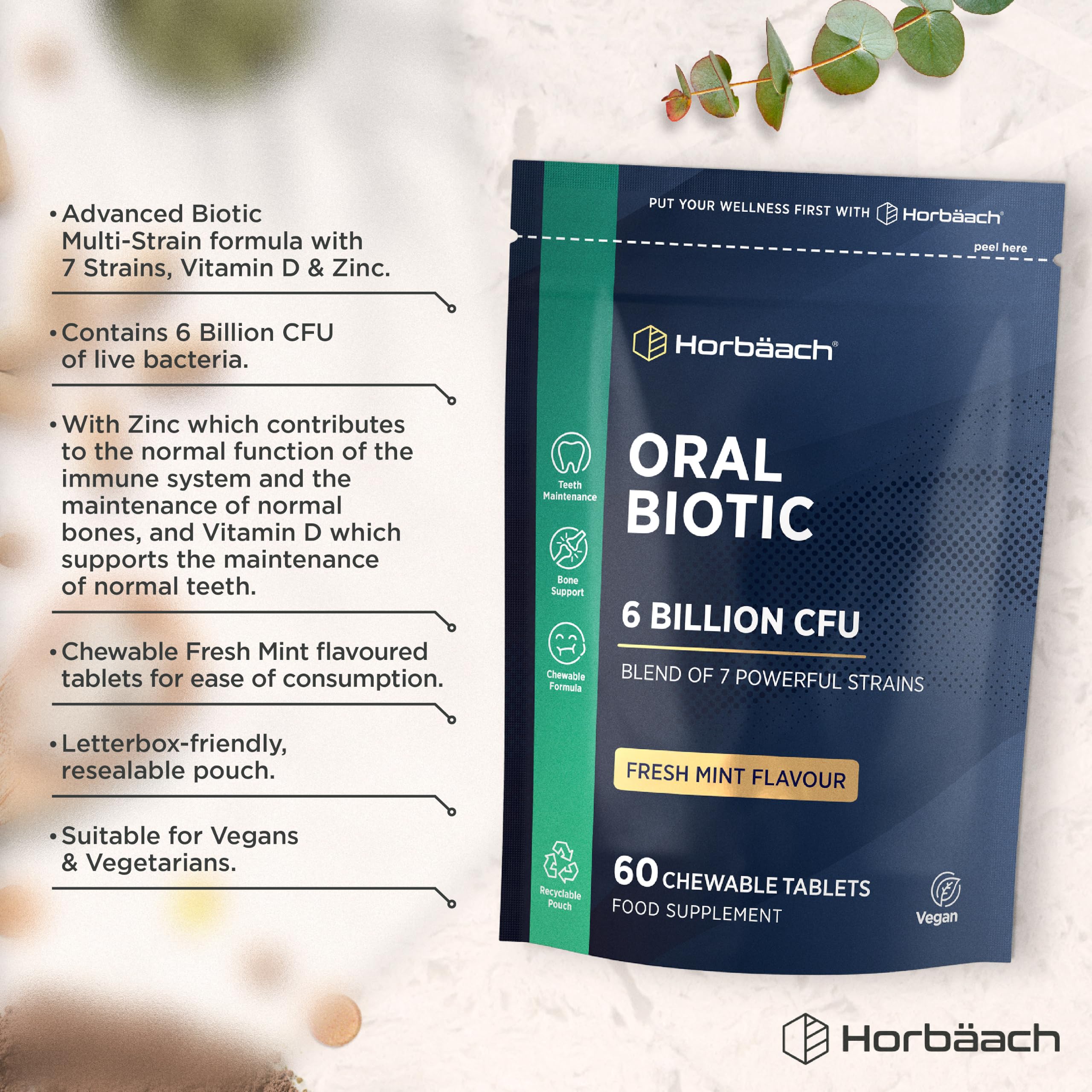 Oral Biotic for Mouth 6 Billion CFU | Advanced Dental Biotics for Adults | 7 Strains Including Lactobacillus Reuteri | 60 Vegan Chewable Tablets | Mint Flavour | by Horbaach