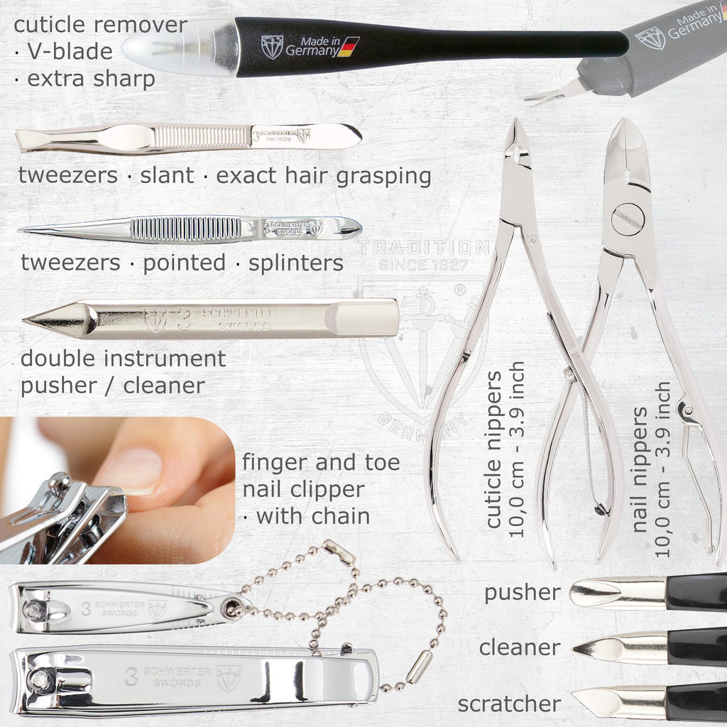 3 Swords Germany - brand quality 16 piece manicure pedicure grooming kit set for professional finger & toe nail care scissors clipper synthetic leather case in gift box, Made in Germany