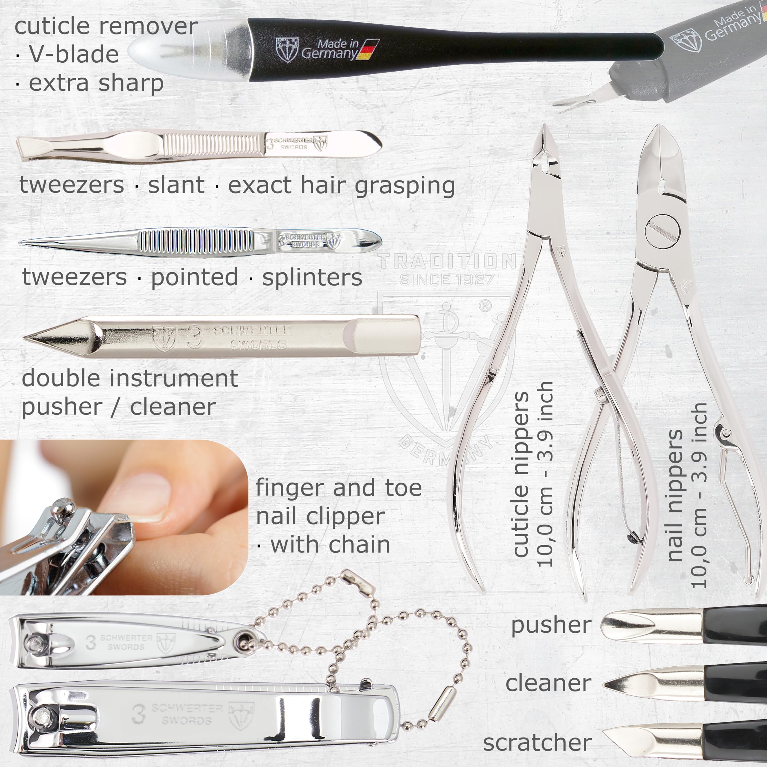 3 Swords Germany - brand quality 16 piece manicure pedicure grooming kit set for professional finger & toe nail care scissors clipper synthetic leather case in gift box, Made in Germany