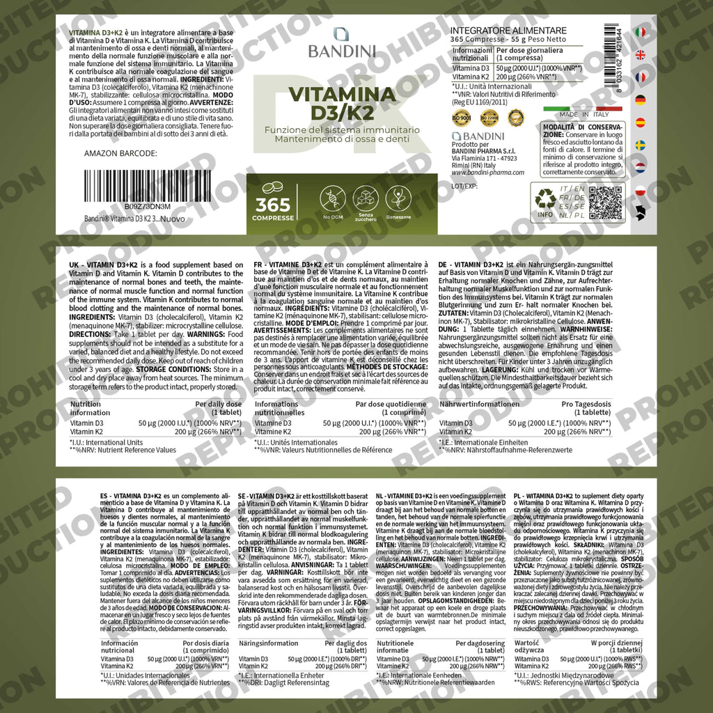 Bandini® Vitamin D3 K2 | 365 Easy-to-Swallow Tablets for 1 Year | 2000 IU