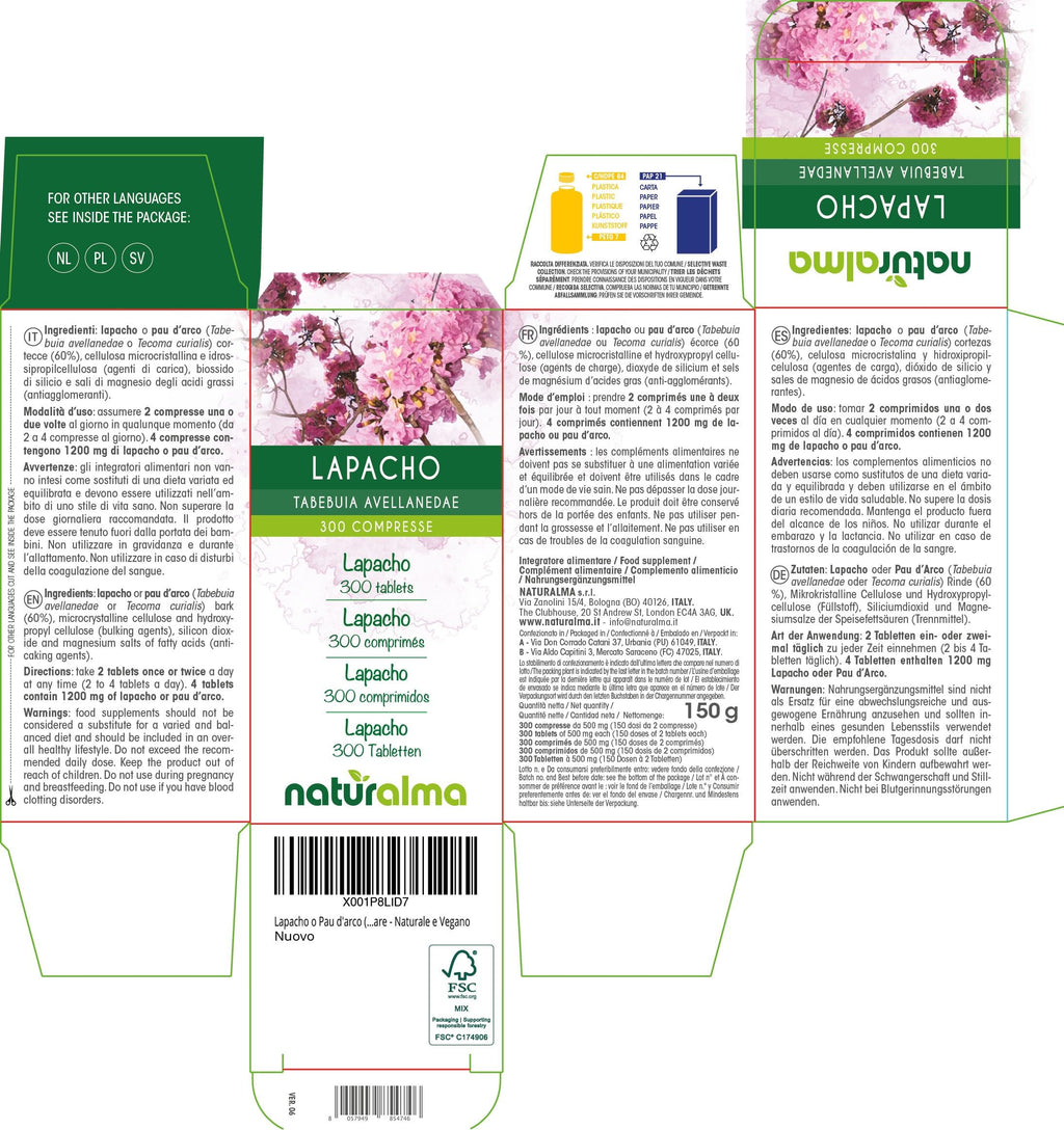 Lapacho or PAU d'arco (Tabebuia avellanedae or Tecoma curialis) bark Naturalma - 150 g - 300 Tablets - Food Supplement - Natural and Vegan