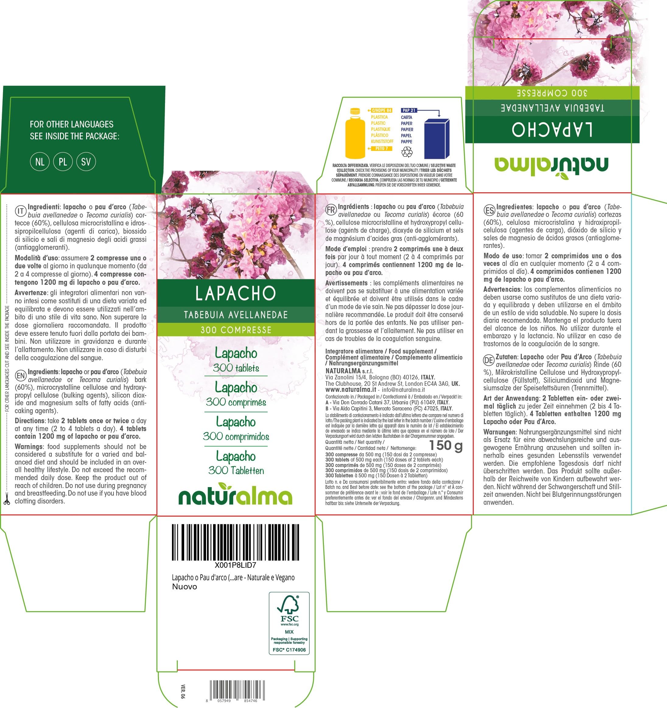 Lapacho or PAU d'arco (Tabebuia avellanedae or Tecoma curialis) bark Naturalma - 150 g - 300 Tablets - Food Supplement - Natural and Vegan