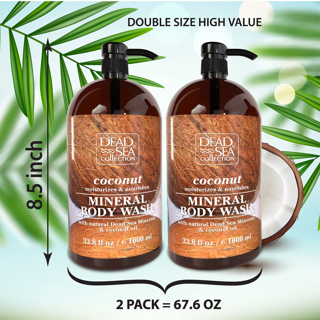 Dead Sea Collection Coconut Body Wash for Women and Men - with Pure Dead Sea Minerals and Coconut Oil - Cleanses and Moisturizes Skin - Pack of 2 (67.6 fl. oz)