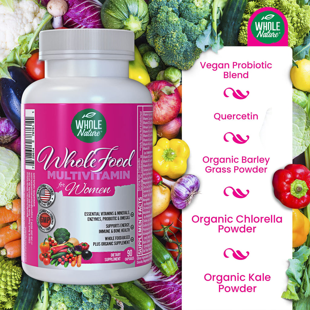 Whole Nature Whole Food Multivitamin for Women Womens Multi Vitamin with Folate, B12 Methyl, Vitamins, Minerals, Probiotics and Omegas, Vegan, Non GMO- 90 Capsules (1) (1)