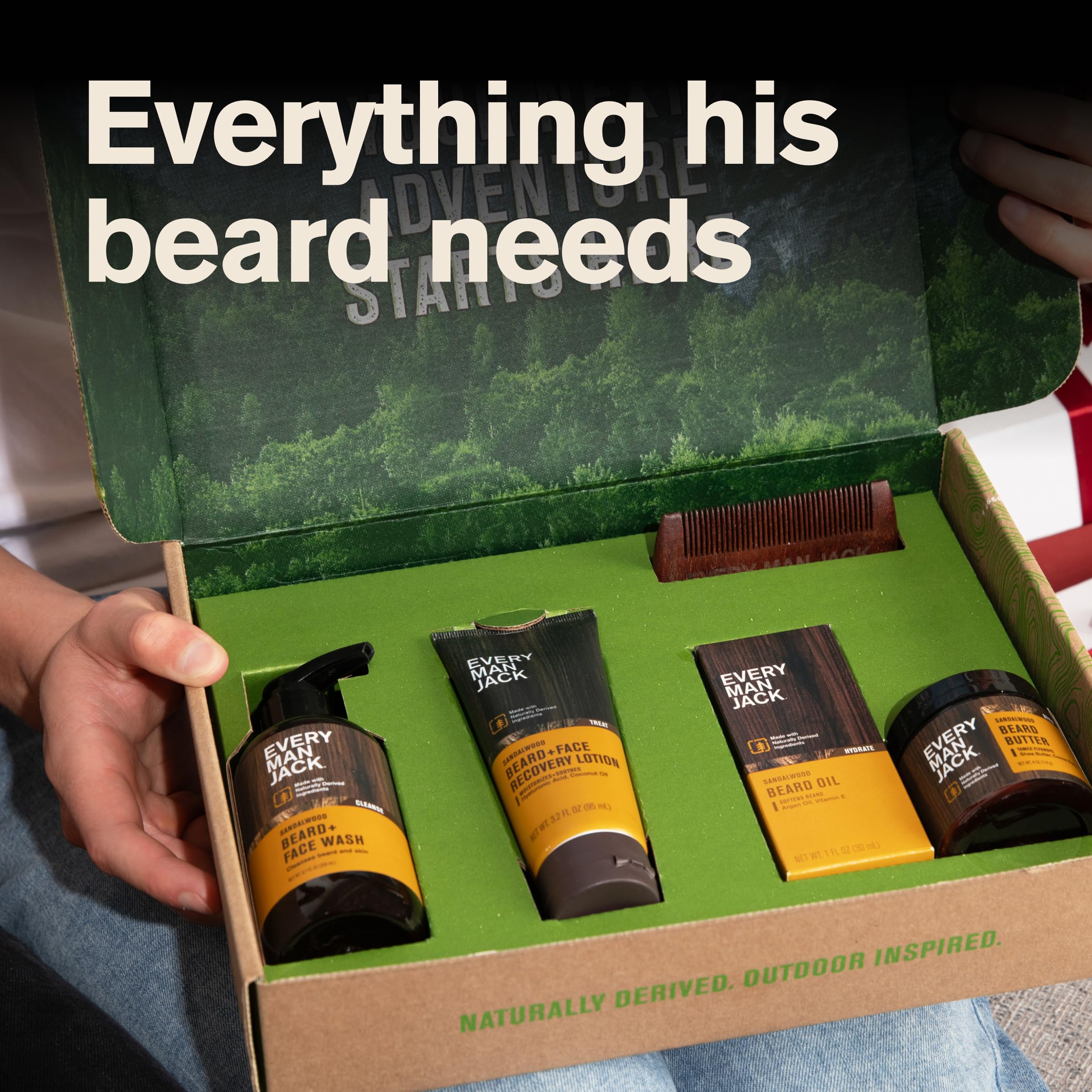 Every Man Jack Beard Essentials Gift Set for Men – Complete Routine with 5 Full-Size Essentials – Sandalwood Scent - Beard & Face Wash, Lotion, Oil, Butter & Comb