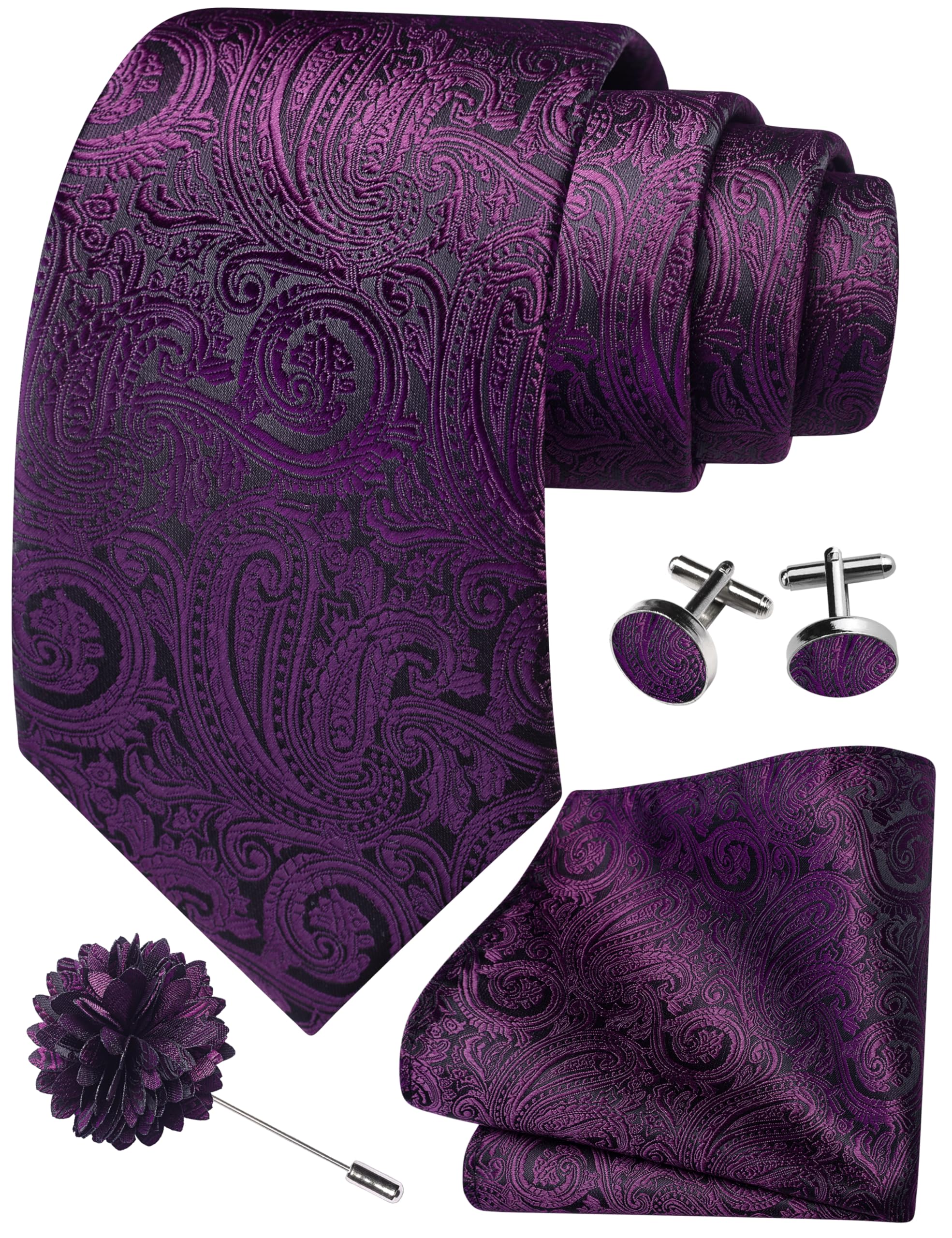 Gusleson Mens Dark Purple Tie for Wedding Solid Silk Paisley Necktie Pocket Square Cufflinks and Lapel Pin Brooch Set (UK6103-23)