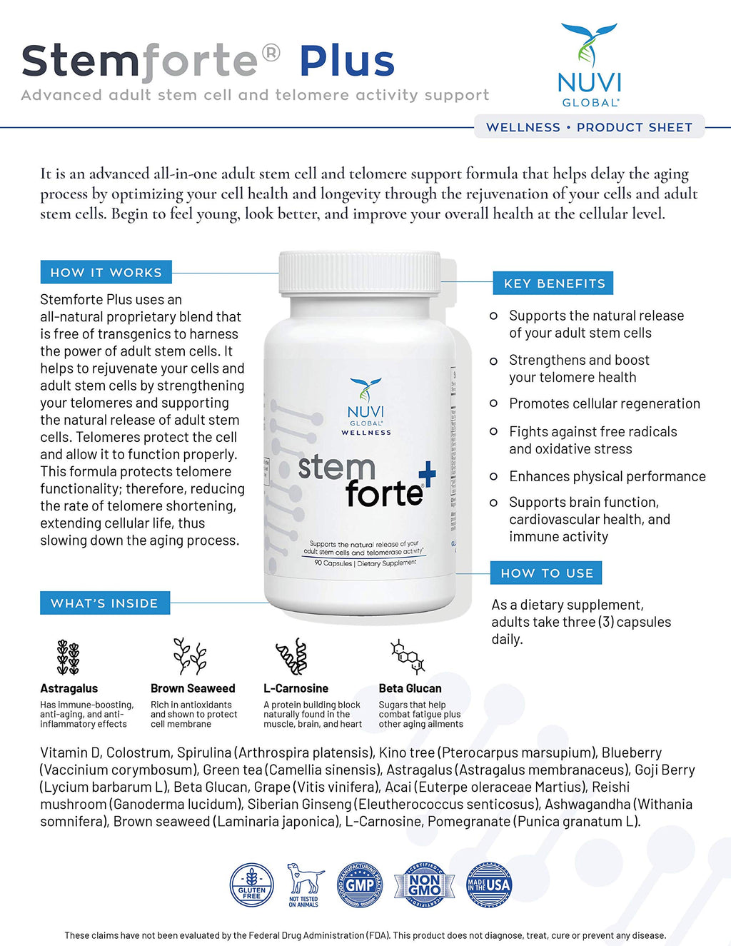 NuVi Global Stemforte Plus Stem Cell and Telomere Supplements – Cell Regeneration, Cell Growth & Telomere Support for Healthy Aging & Cellular Health – 90 Capsules for Men & Women