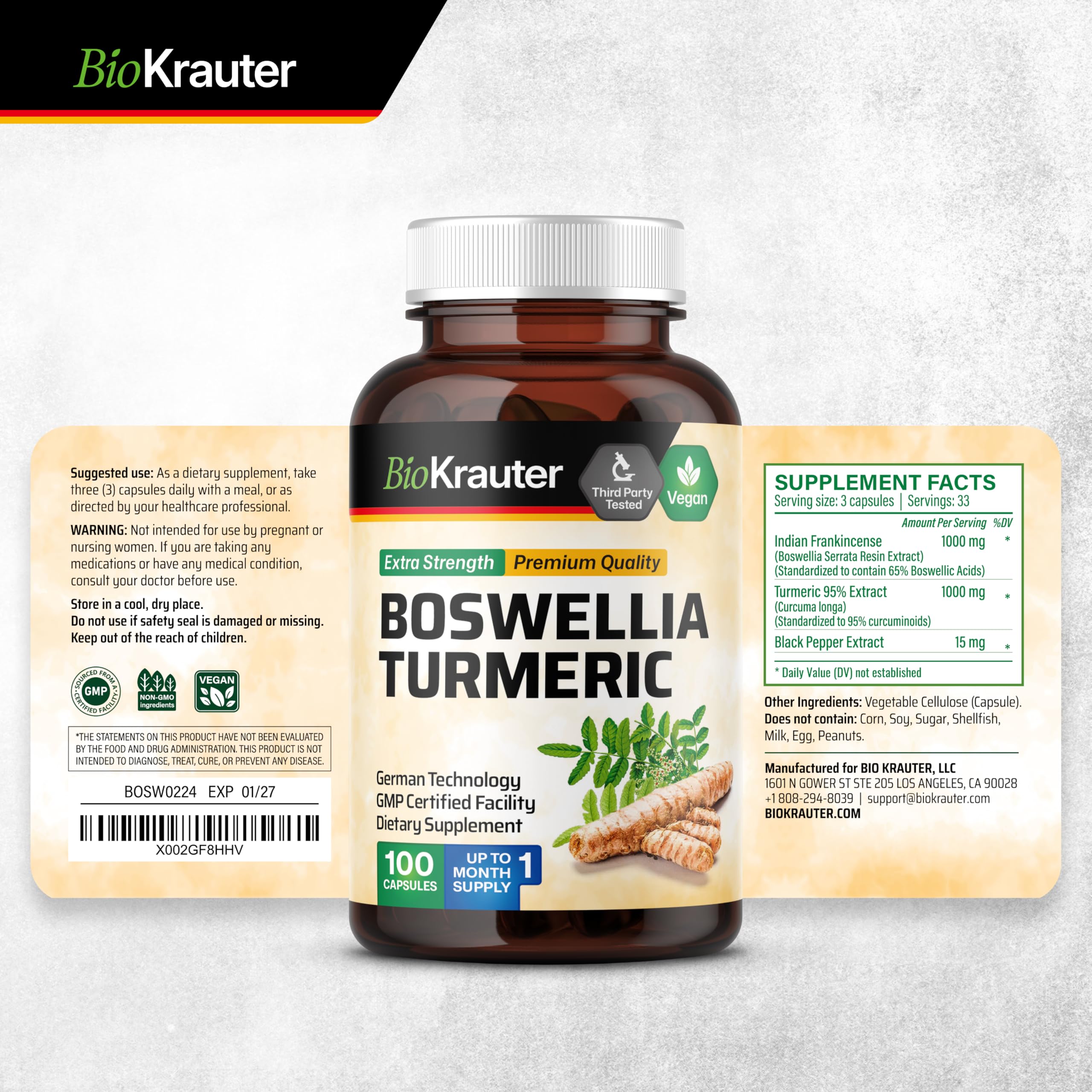 BIO KRAUTER® Turmeric Curcumin Supplement with Boswellia for Mobility Support - Vegan Turmeric with Black Pepper & Boswellia Extract 100 Capsules, 33 Days of Supply - Natural Digestive Support