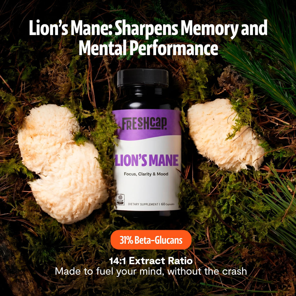 FreshCap Mushrooms Premium Organic Lions Mane Capsules - 14:1 Fruiting Body Extract with 31% Beta-Glucans - 3rd-Party Tested Nootropic for Clarity, Focus & Cognitive Support (120 Capsules)