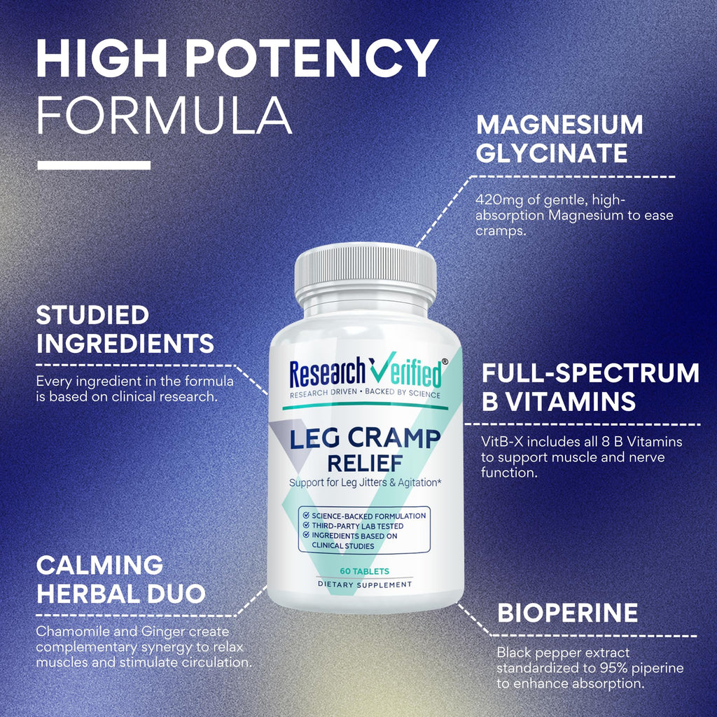 Research Verified Leg Cramps - Magnesium, B Vitamins, Ginger, Chamomile, BioPerine - Circulation Support - Vegan - 180 Capsules, 3 Month Supply
