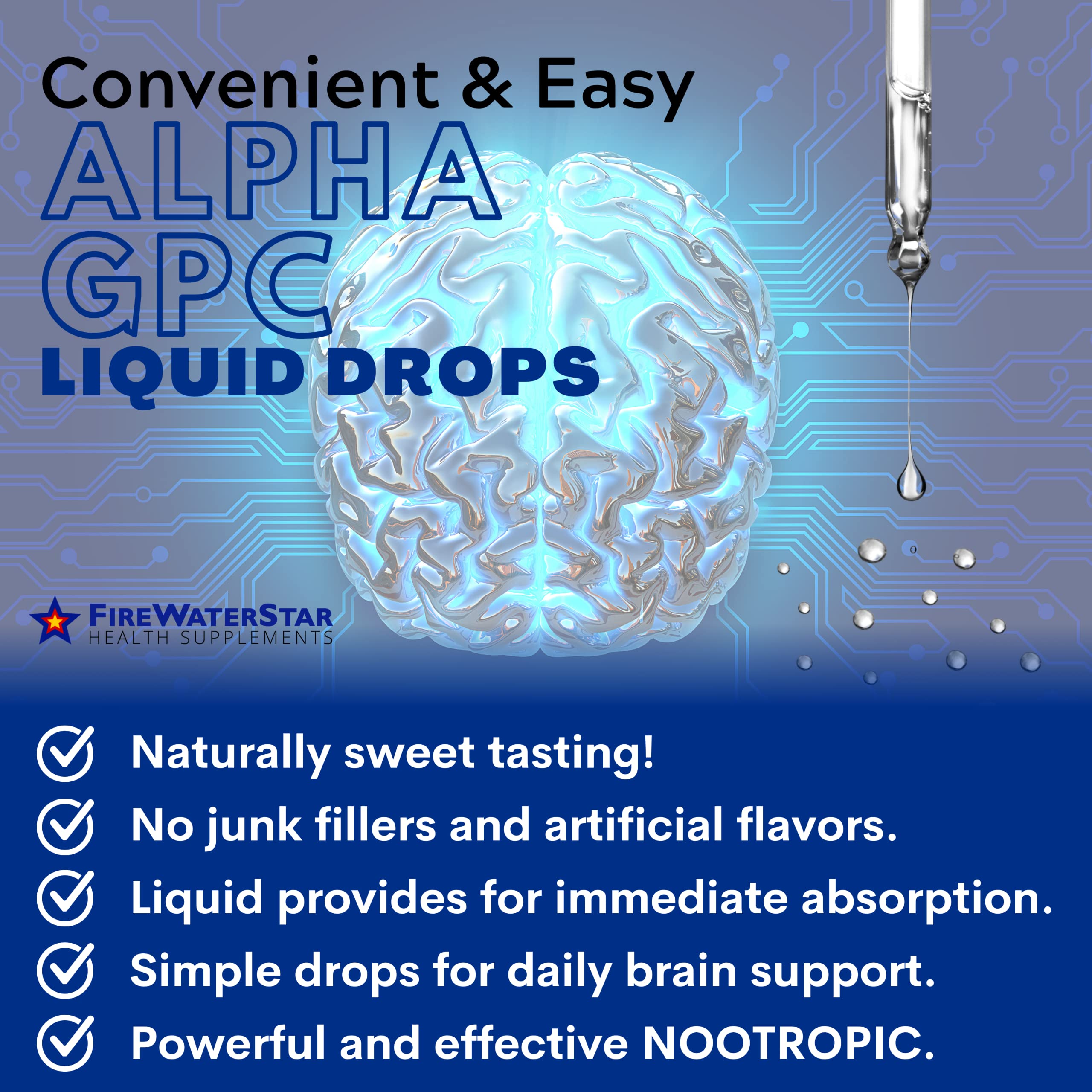 FWS Alpha GPC, 300 mg Liquid Alpha GPC Choline, Organic, Non-GMO, Fast Acting Nootropic Brain Supplement for Memory and Focus, Supports Healthy Brain Function for Mental Clarity