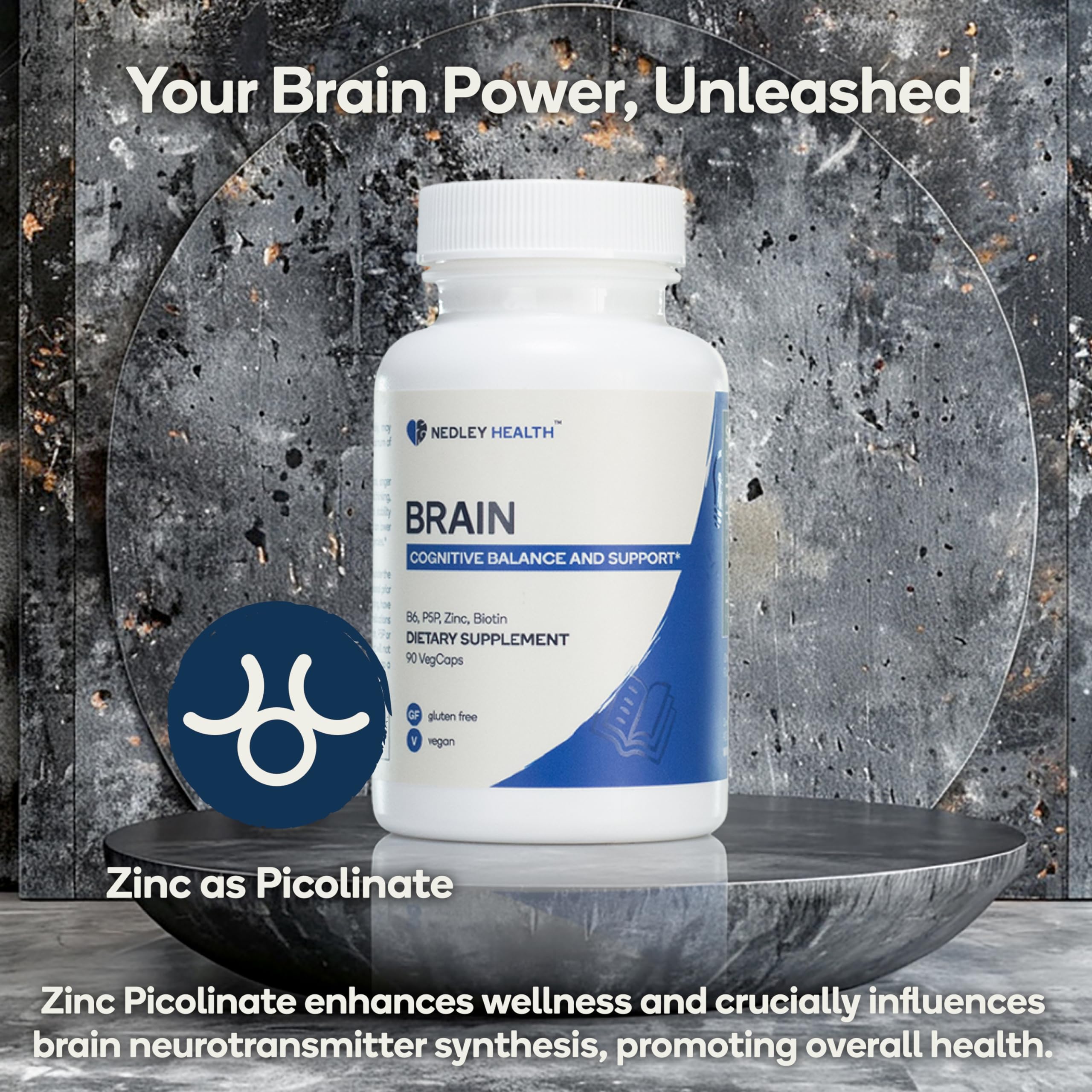 Nedley Health Brain - Balanced Neurotransmitter Support Supplement - Zinc, B6, Biotin for Cognitive Function - 90 Veggie Capsules (Brain)