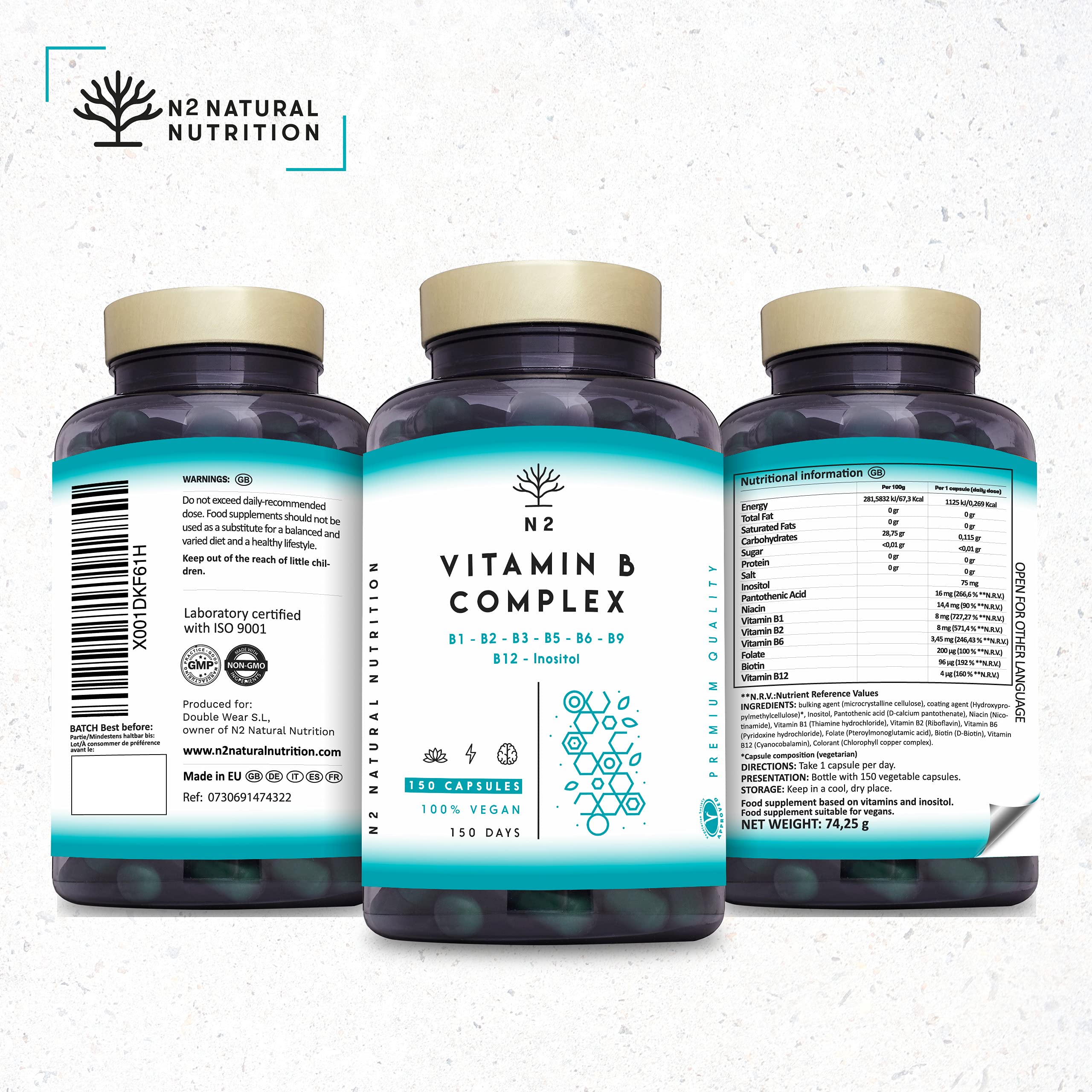 Vitamin B Complex High Strength. Vitamin B12, B9 (folic Acid), B7 (Biotin), B6, B5, B3, B2, B1,Inositol. Improves Mental Performance and Reduces Fatigue. 150 Capsules. Vegan. CE. N2 Natural Nutrition