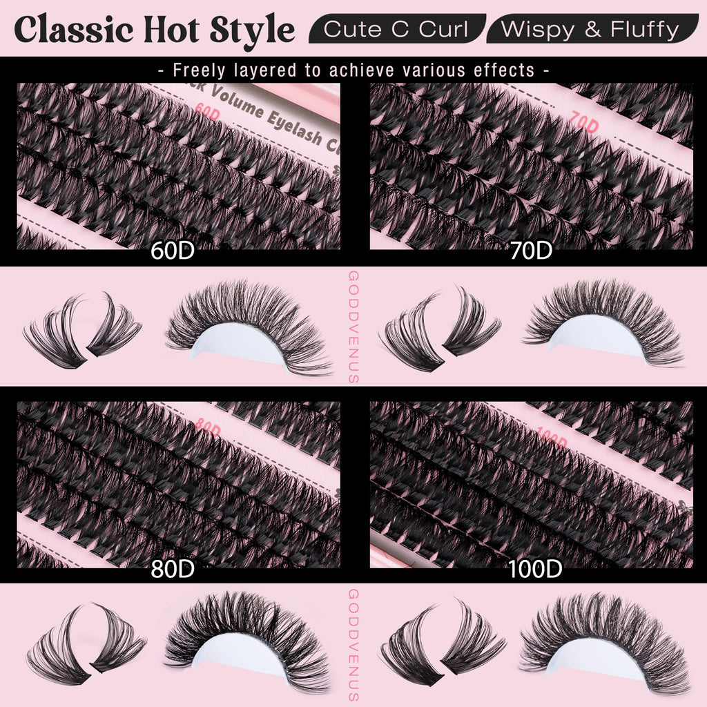 Goddvenus Eyelash Clusters Kit 60+70+80+100D Individual Lashes 320Pcs 12-18mm Lash Extension Kit Wispy Eyelash Extension Kit Fluffy Volume Waterproof Cluster Eyelash Extensions Kit