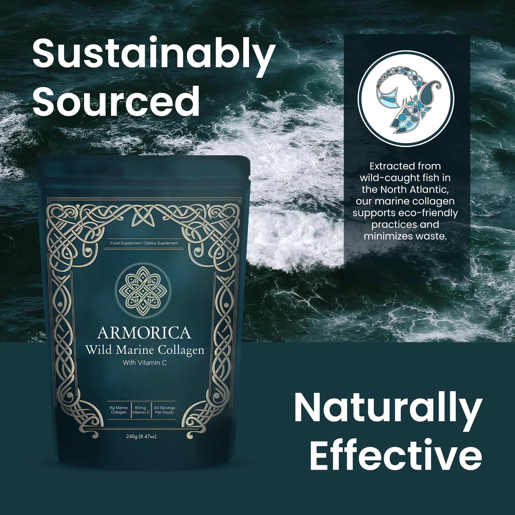 Marine Collagen Powder with Vitamin C – Hydrolyzed for Optimal Absorption | Unflavored & Easily Dissolves | Non-GMO & Microplastic Tested | Skin, Hair & Joint Support | 240g (30 Servings)