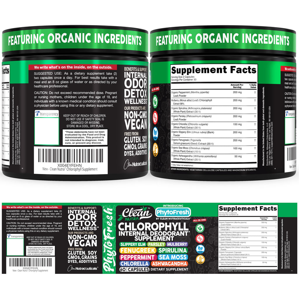 Clean Nutra Chlorophyll Capsules Supplement Internal Deodorant Peppermint, Sea Moss, Parsley, Chlorella, Spirulina, Slippery Elm, Ashwagandha, PhytoFresh Greens Detox Pills