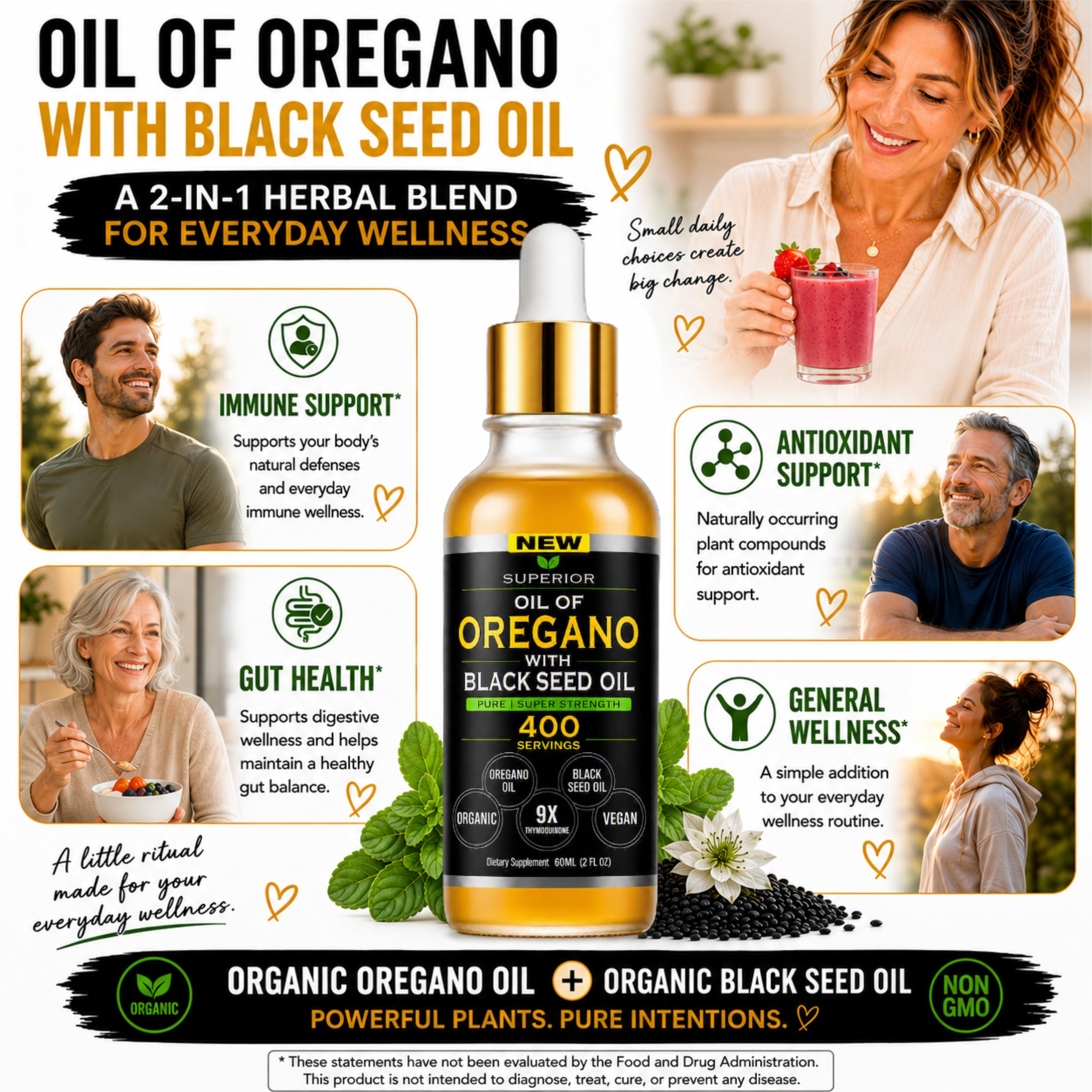 Oil Of Oregano With Black Seed Oil - 400 Servings, 2 in 1 Wild Organic Oregano Oil with Black Seed Oil for Immune & Digestive Support – Non-GMO, Gluten-Free Drops – Herbal Wellness Supplement