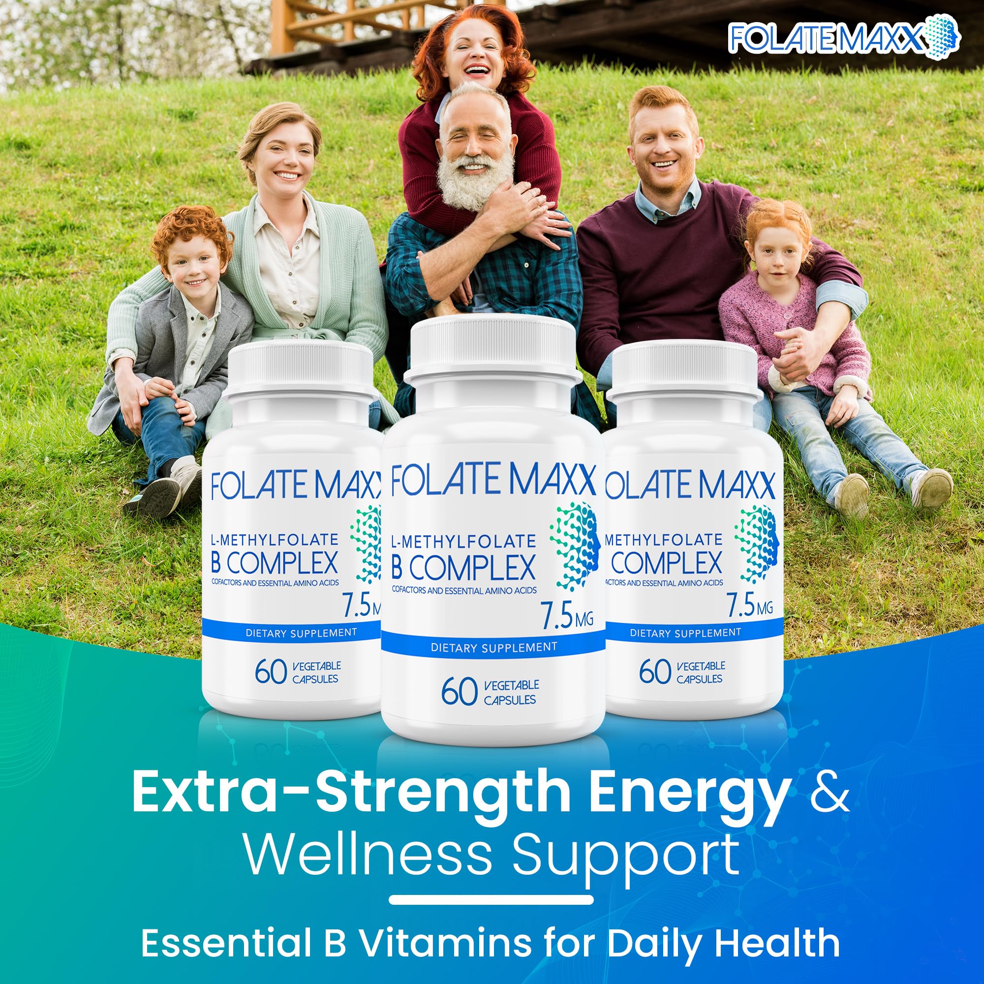 FOLATE MAXX L Methylfolate 7.5mg with Active Vitamin B Complex – 60 Capsules – High Potency 5-MTHF with B6 Blend and Methyl B12 Supplement – 3-in-1, Non-GMO, Gluten Free (2-Month Supply)