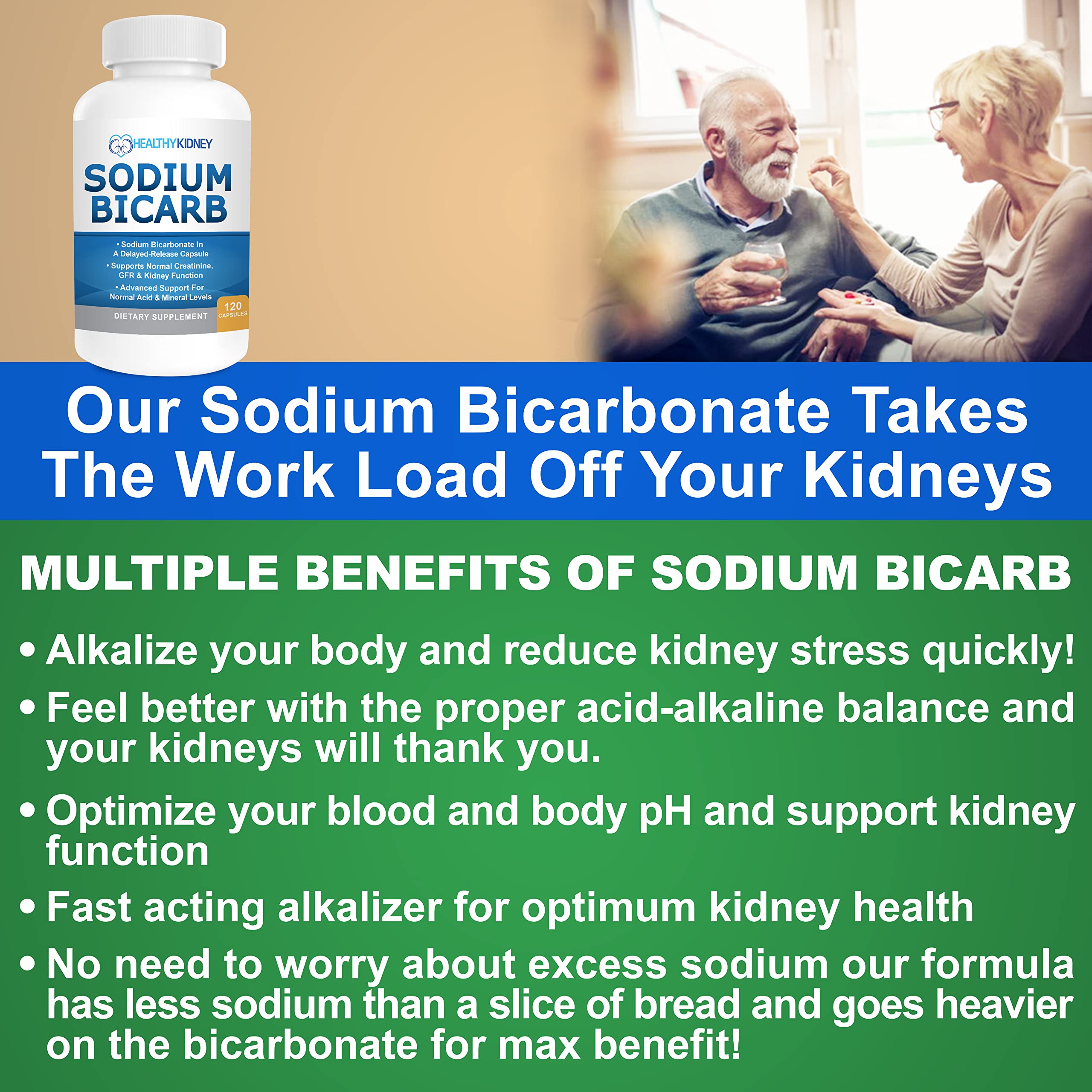 Sodium Bicarbonate 650mg Capsules Delayed Release for Supporting Normal Kidney Function & Kidney Health Supplement. Sodium Bicarbonate Designed for Kidney Support, Acid Relief, Alkalinity 120 Pills