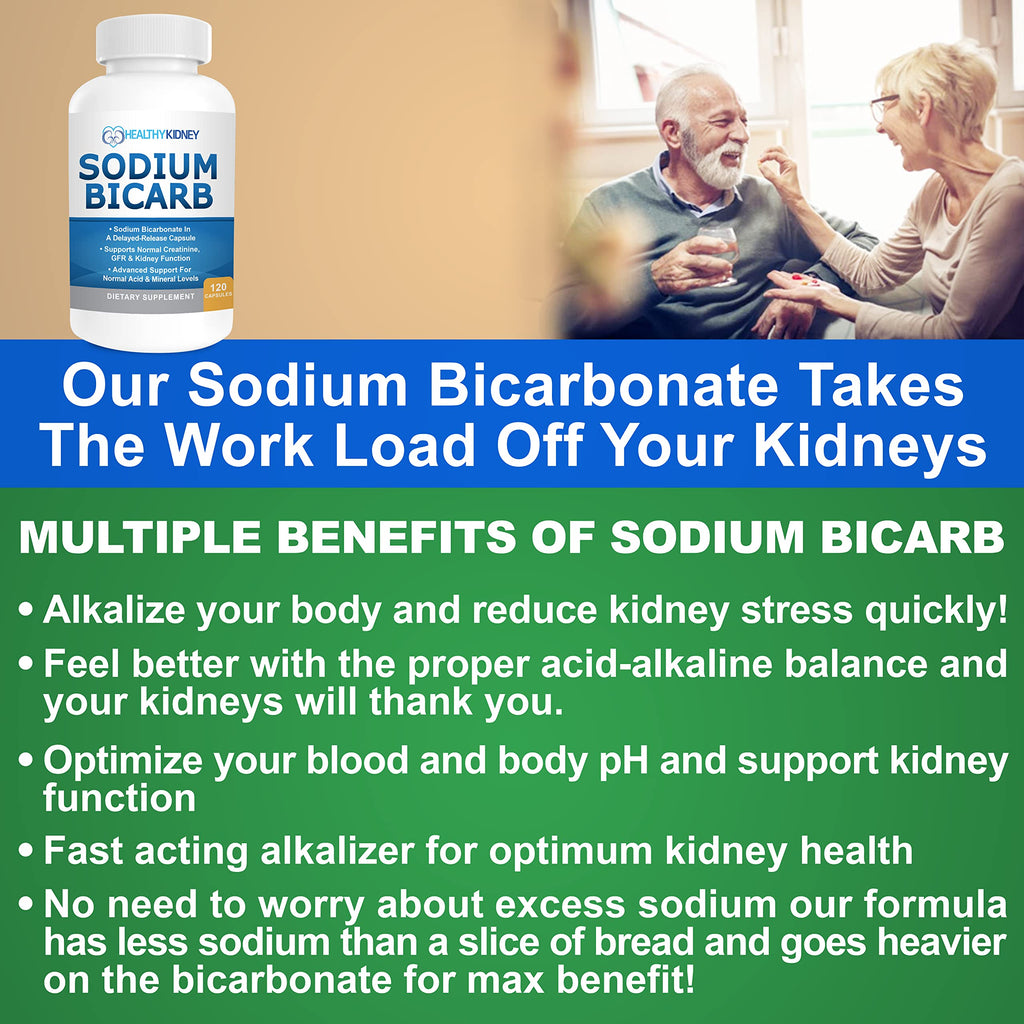 Sodium Bicarbonate 650mg Capsules Delayed Release for Supporting Normal Kidney Function & Kidney Supplement. Sodium Bicarbonate for Acid Relief, Alkalinity 120 Pills 2-Pack