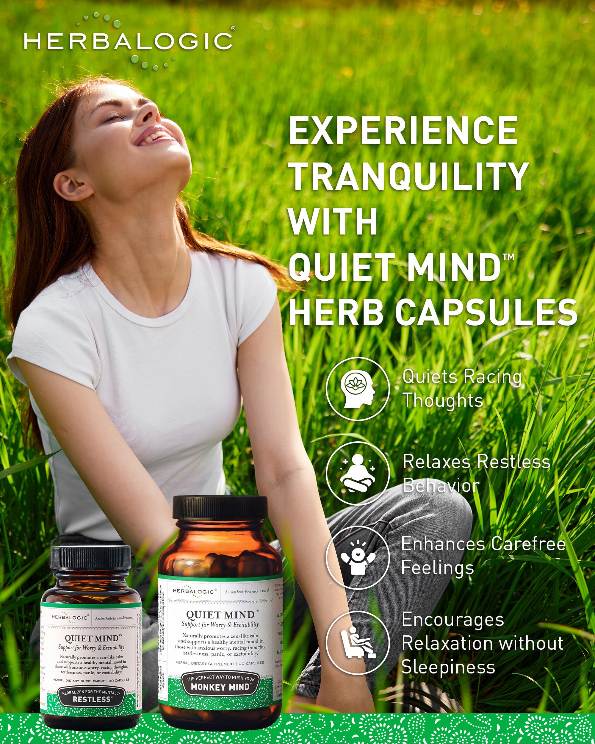 Herbalogic - Quiet Mind Herb Capsules - Non-Sedating, Promotes a Feeling of Zen-Like Calm - Eases Worry - Based on the Traditional Chinese Formula GUI Pi Tang - 90 Cap Count