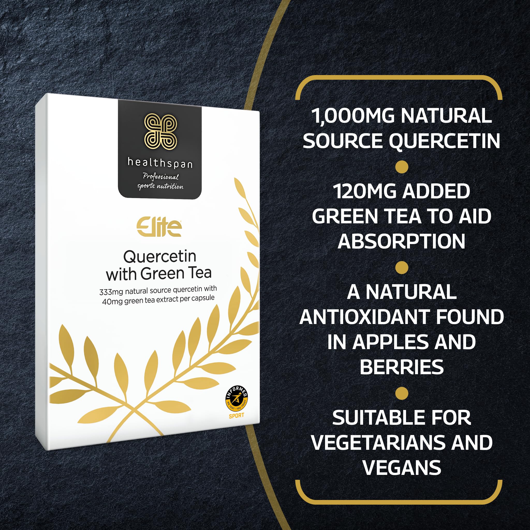 Healthspan Elite Quercetin 333mg with Green Tea | 90 Capsules | All Blacks Official Partner | 120 mg Green Tea to Aid Absorption | Additional Nutrition Protection | Informed Sport Accredited | Vegan