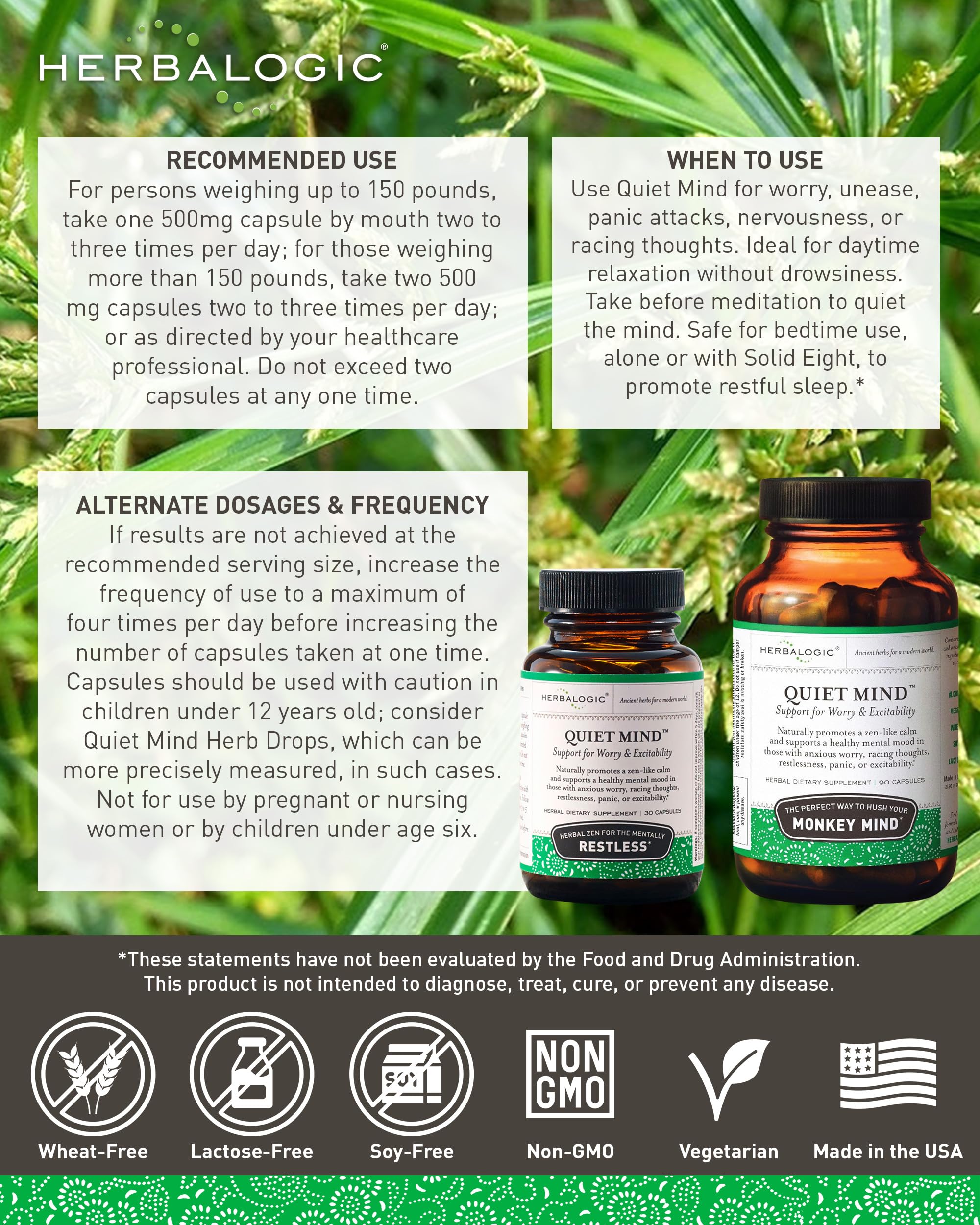 Herbalogic - Quiet Mind Herb Capsules - Non-Sedating, Promotes a Feeling of Zen-Like Calm - Eases Worry - Based on the Traditional Chinese Formula GUI Pi Tang - 90 Cap Count