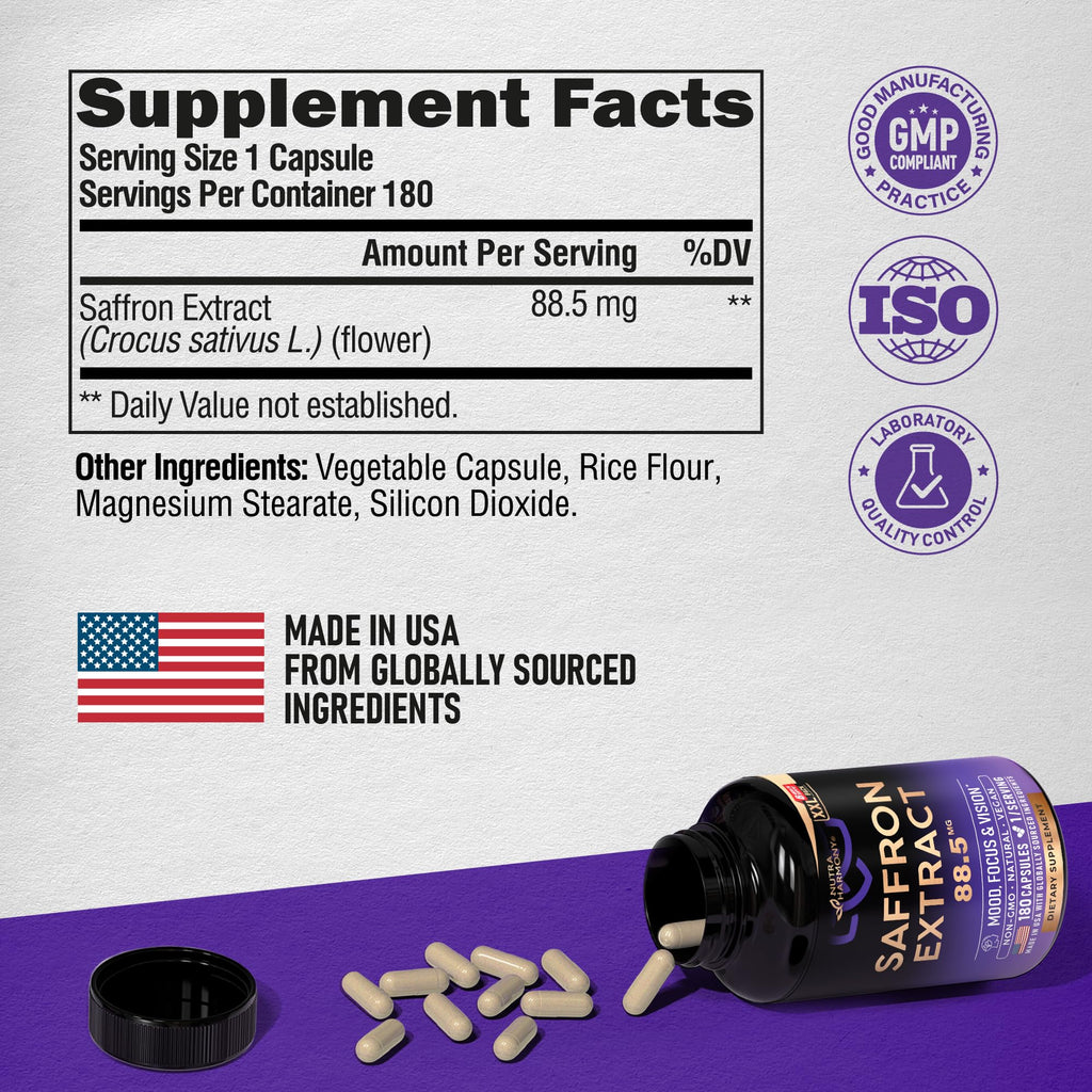 Natural Saffron Supplements - Pure Saffron Extract 88.5 mg - Mood | Focus | Vision | Energy Support - Eye Health for Women & Men - Lab Tested - NonGMO Vegan Pills - 180 Powder Capsules, 6 Month Supply