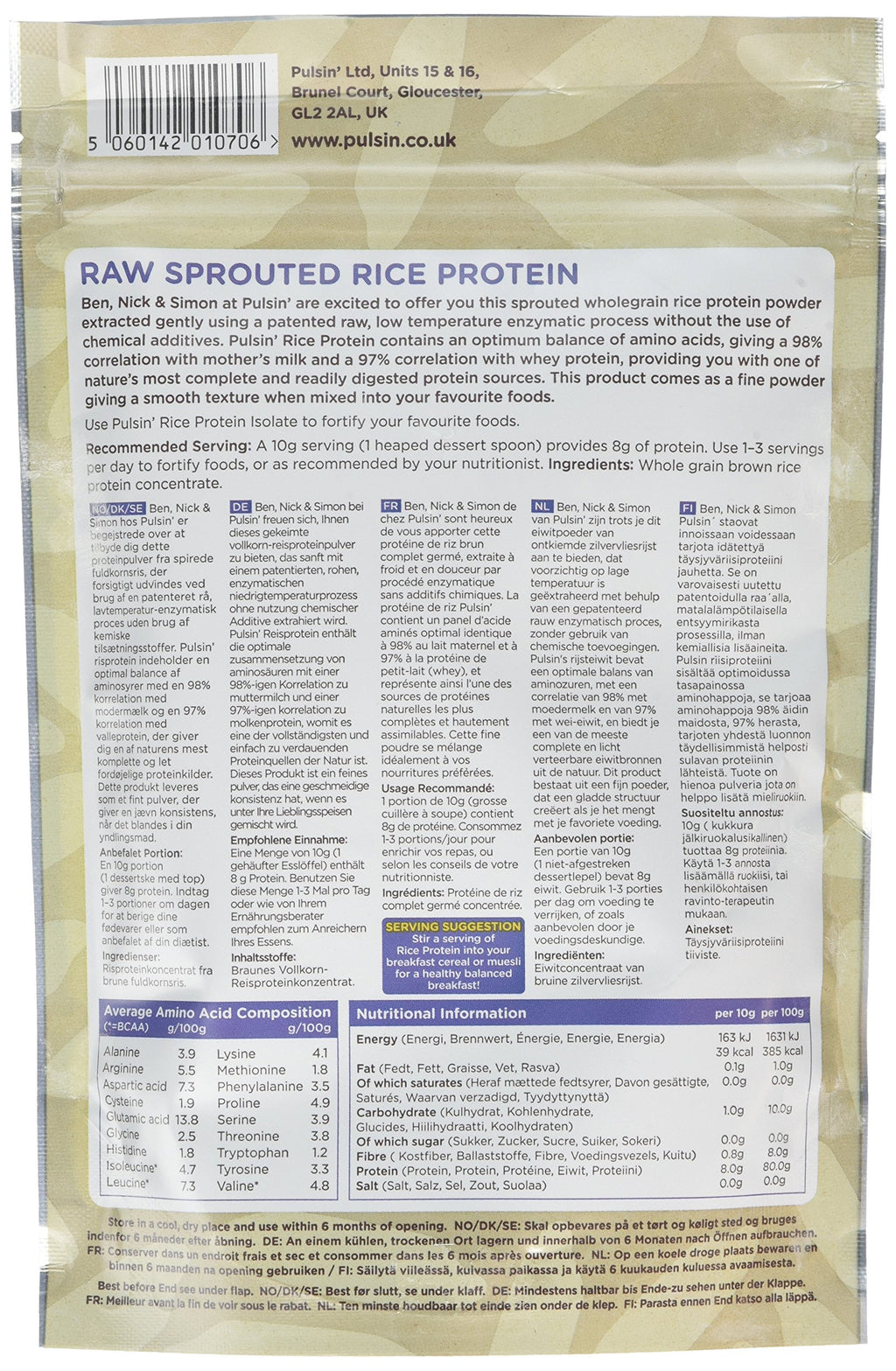 Pulsin Raw Sprouted Rice Protein Powder, 250g