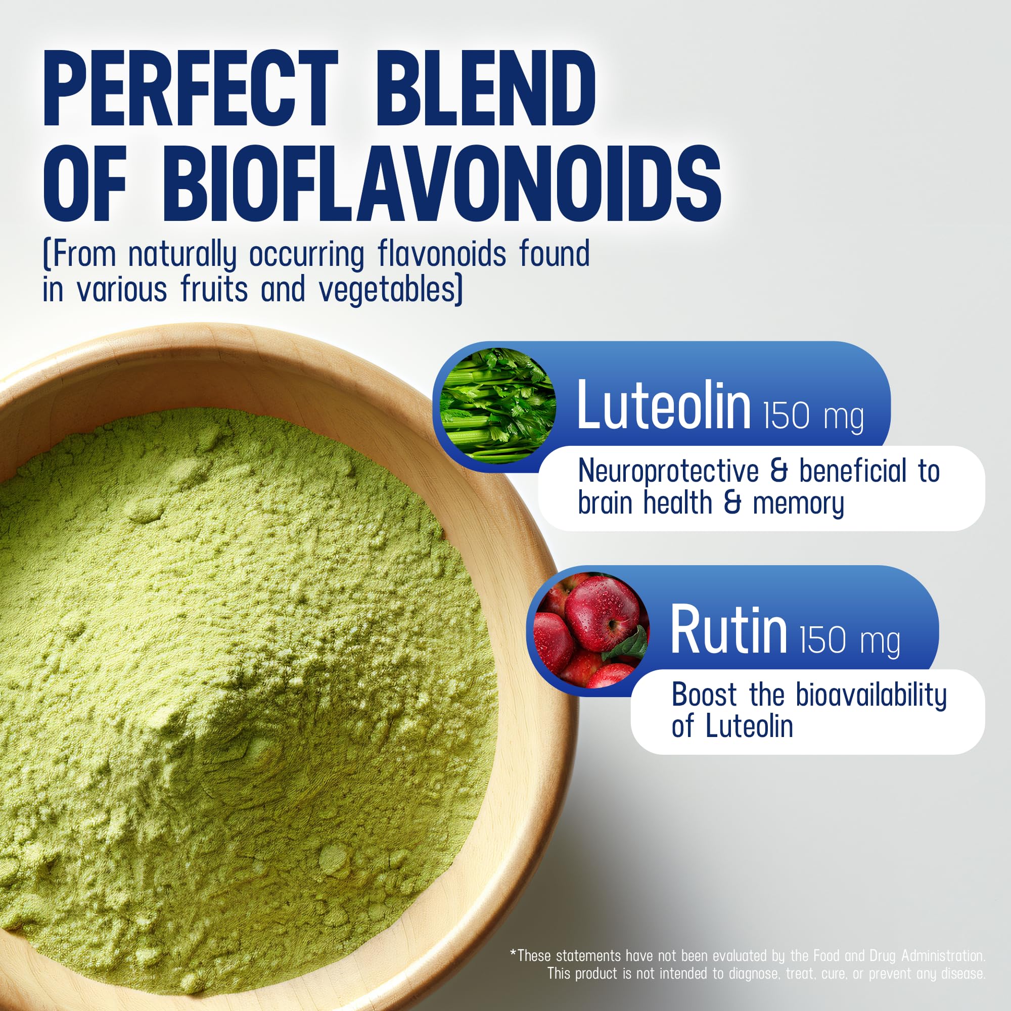 Lutimax Luteolin Complex Powder Brain Supplement with Rutin - Nootropic Brain Supplements for Memory and Focus to Improve Brain Health - Antioxidant Supplement for Immune Support - 100 Servings Solo