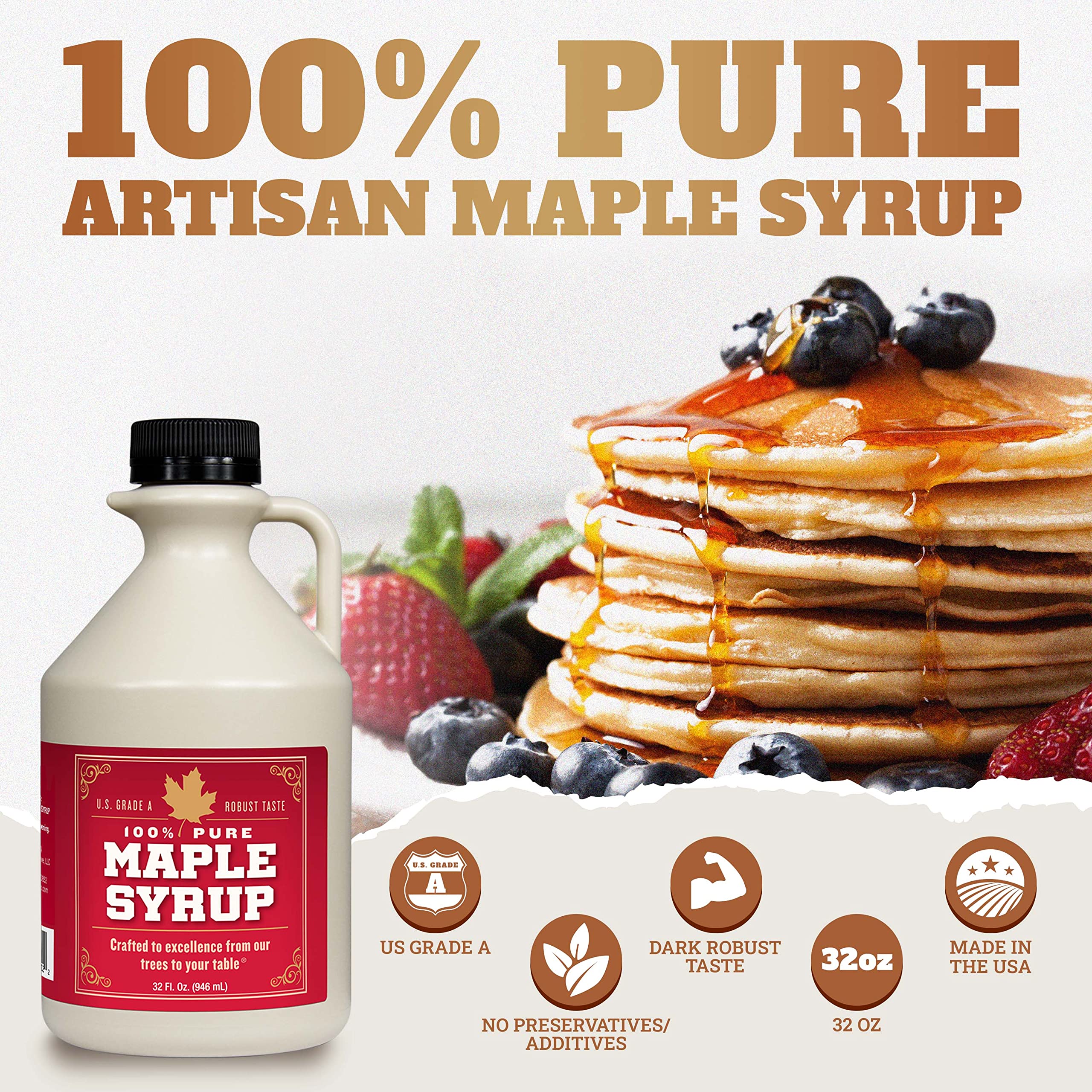 Grade B Maple Syrup 32 Oz Jug – 100% Pure Maple Syrup (Now Grade A Dark) Bold, Robust Flavor – Artisan Maple Syrup Gift – USA-Made Breakfast Syrups & Toppings by Lincoln County Reserve