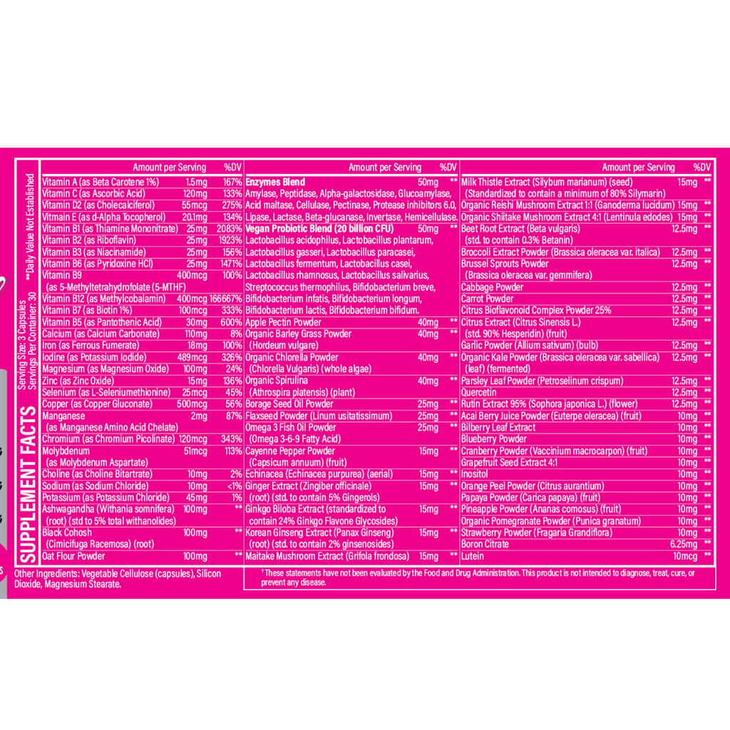 Whole Nature Whole Food Multivitamin for Women Womens Multi Vitamin with Folate, B12 Methyl, Vitamins, Minerals, Probiotics and Omegas, Vegan, Non GMO- 90 Capsules (1) (1)