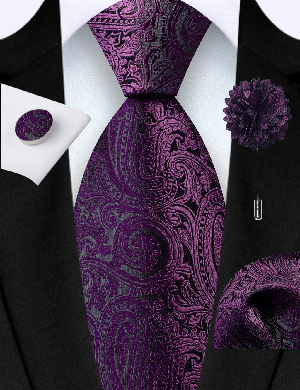Gusleson Mens Dark Purple Tie for Wedding Solid Silk Paisley Necktie Pocket Square Cufflinks and Lapel Pin Brooch Set (UK6103-23)