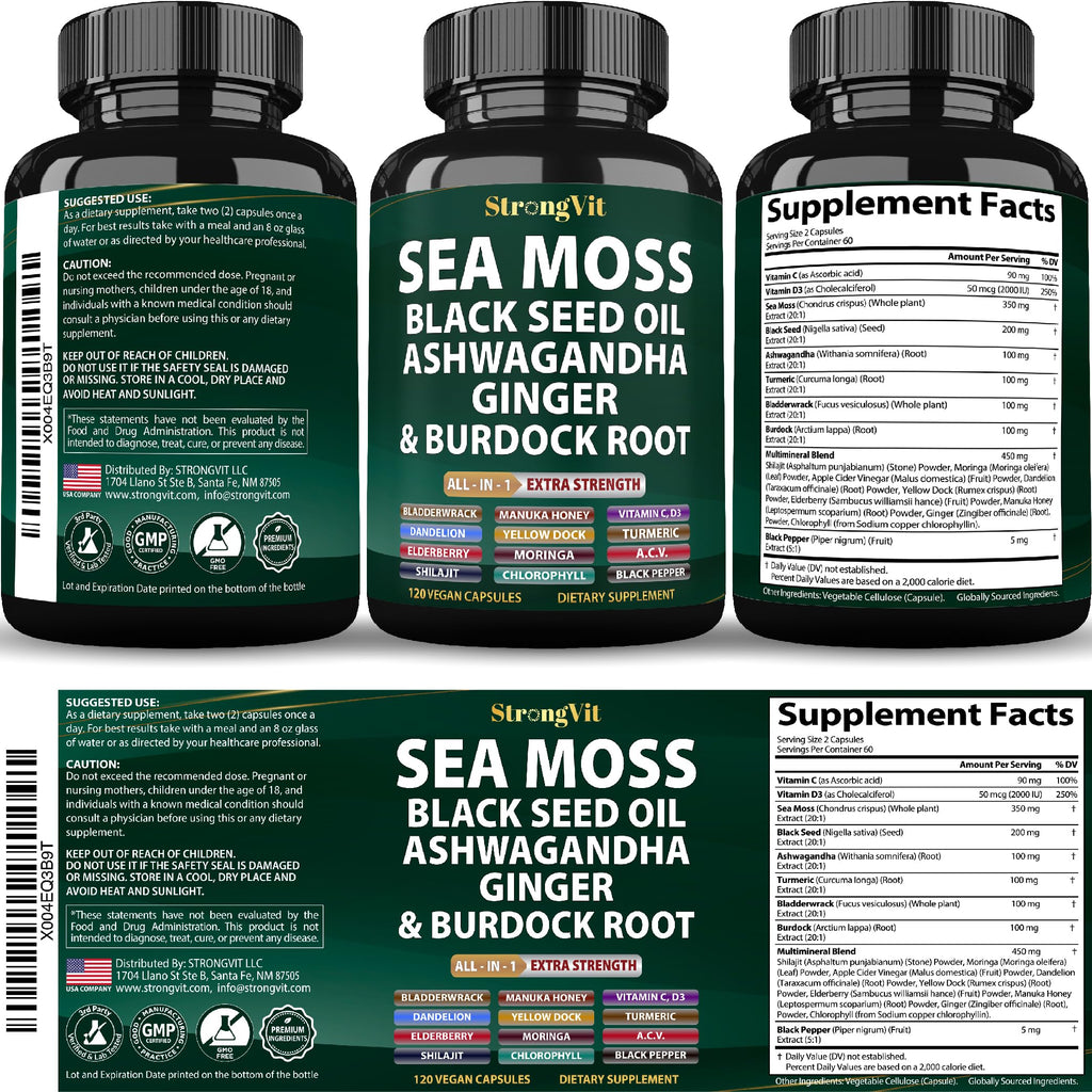 Sea Moss Black Seed Oil Ashwagandha Ginger, Organic Sea Moss Capsules with Burdock Root, Irish Seamoss Pills with Bladderwrack, Turmeric, Shilajit, Multimineral Supplement, USA (120 Capsules)